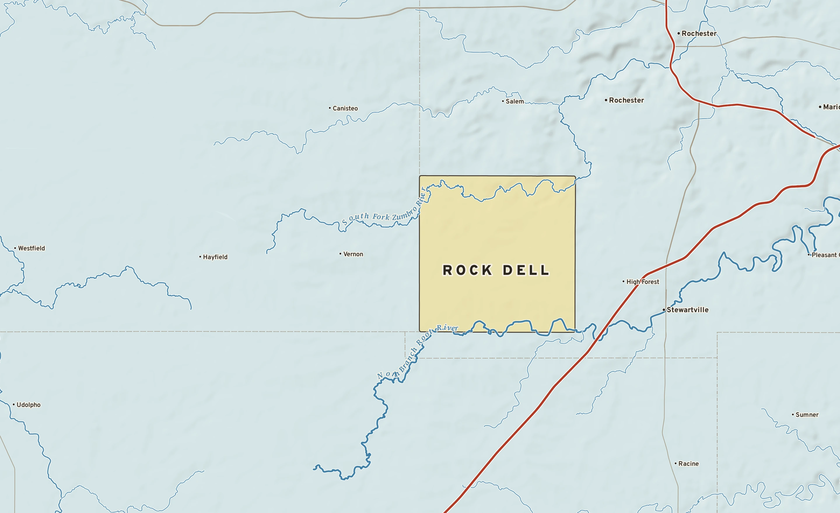 Shaded-relief atlas plate of Rock Dell, Minnesota: rivers, roads, the city limits and where the water drains.