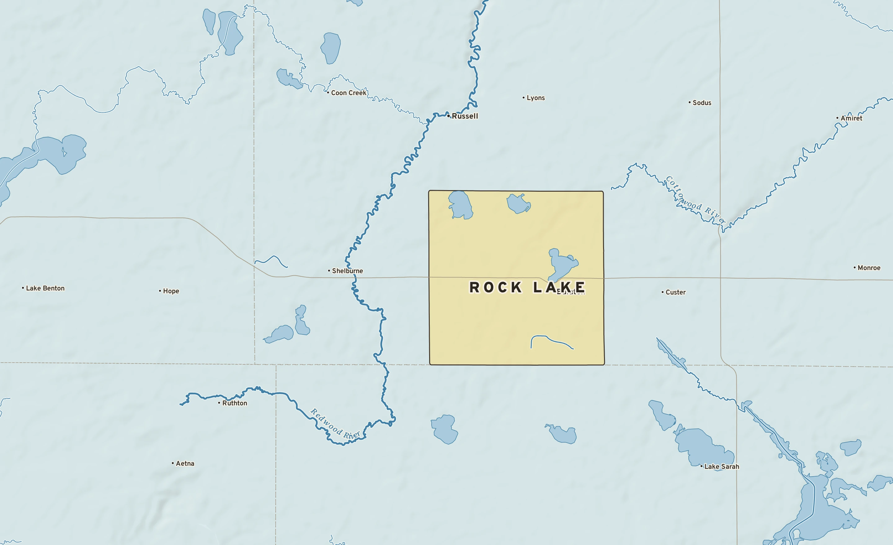 Shaded-relief atlas plate of Rock Lake, Minnesota: rivers, roads, the city limits and where the water drains.