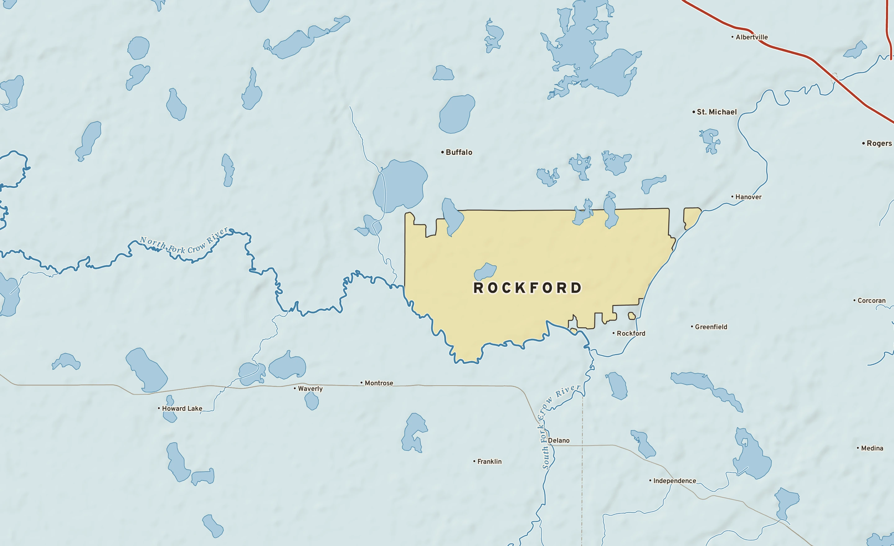 Shaded-relief atlas plate of Rockford, Minnesota: rivers, roads, the city limits and where the water drains.
