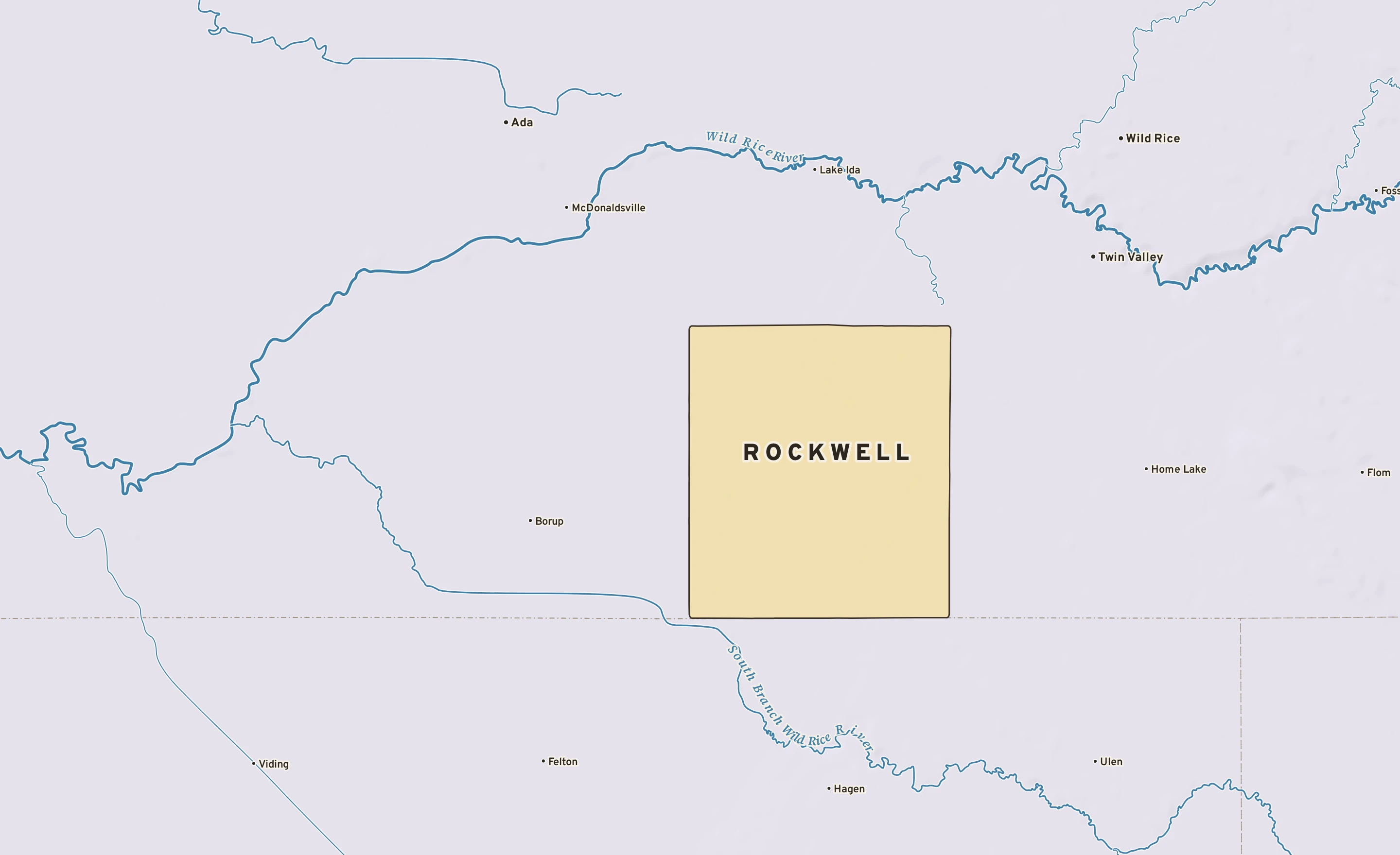 Shaded-relief atlas plate of Rockwell, Minnesota: rivers, roads, the city limits and where the water drains.