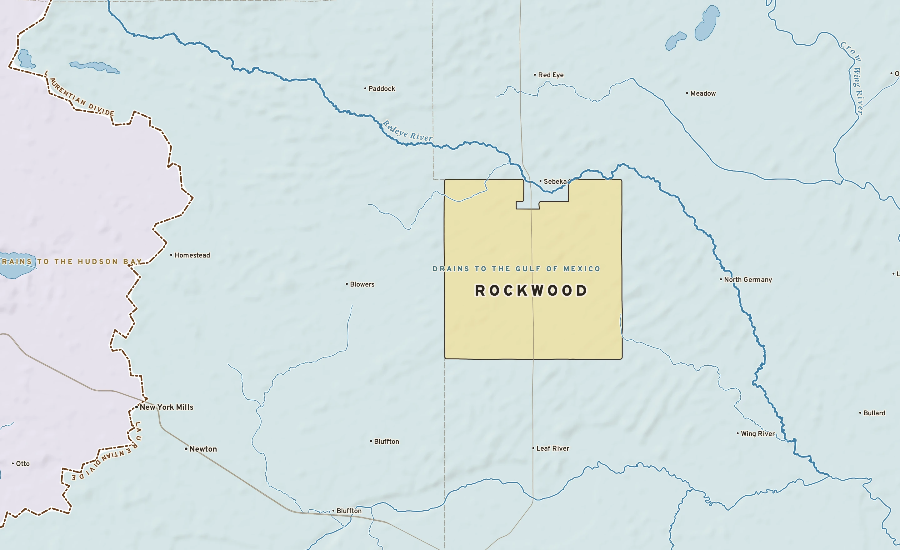 Shaded-relief atlas plate of Rockwood, Minnesota: rivers, roads, the city limits and where the water drains.