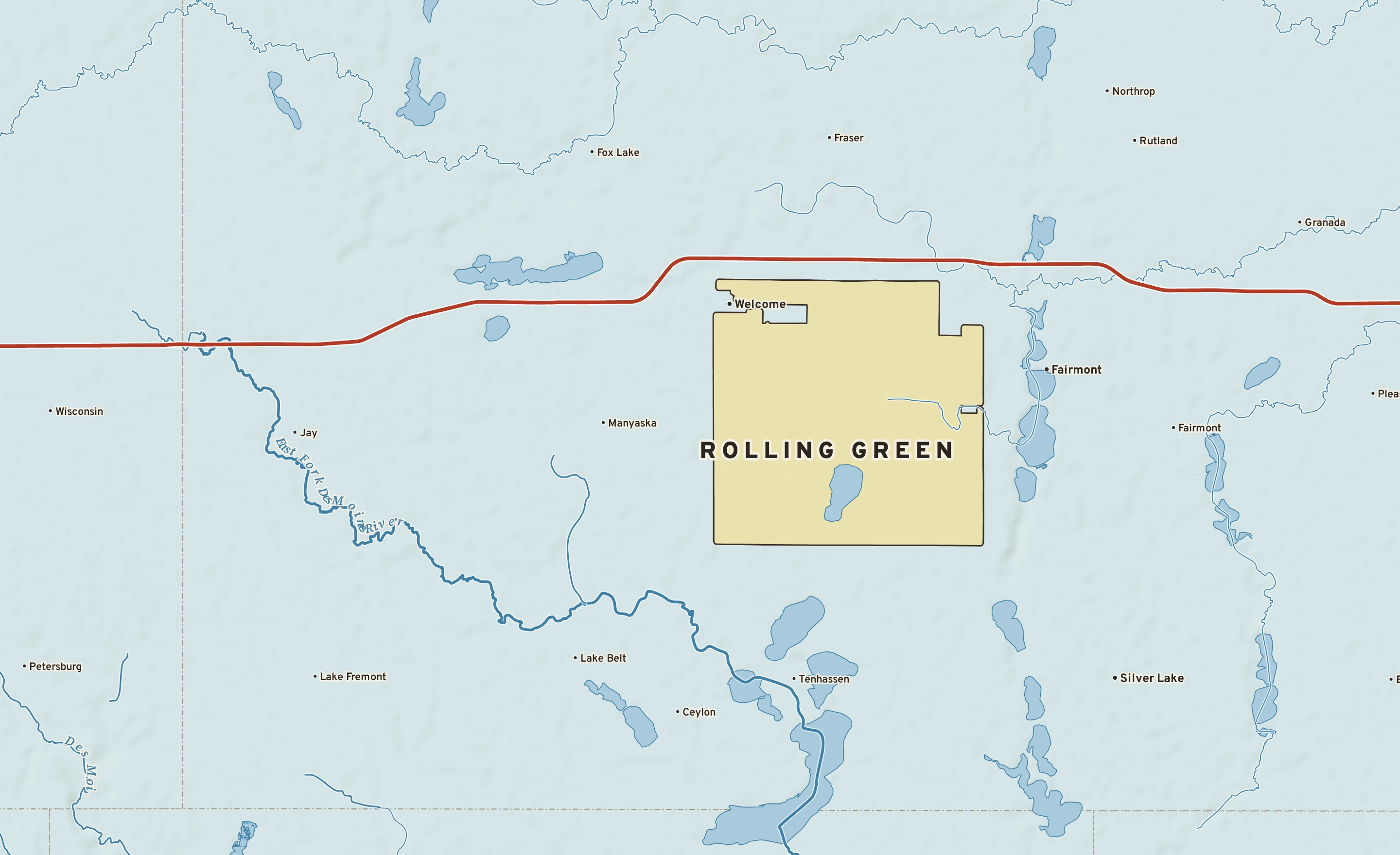 Shaded-relief atlas plate of Rolling Green, Minnesota: rivers, roads, the city limits and where the water drains.