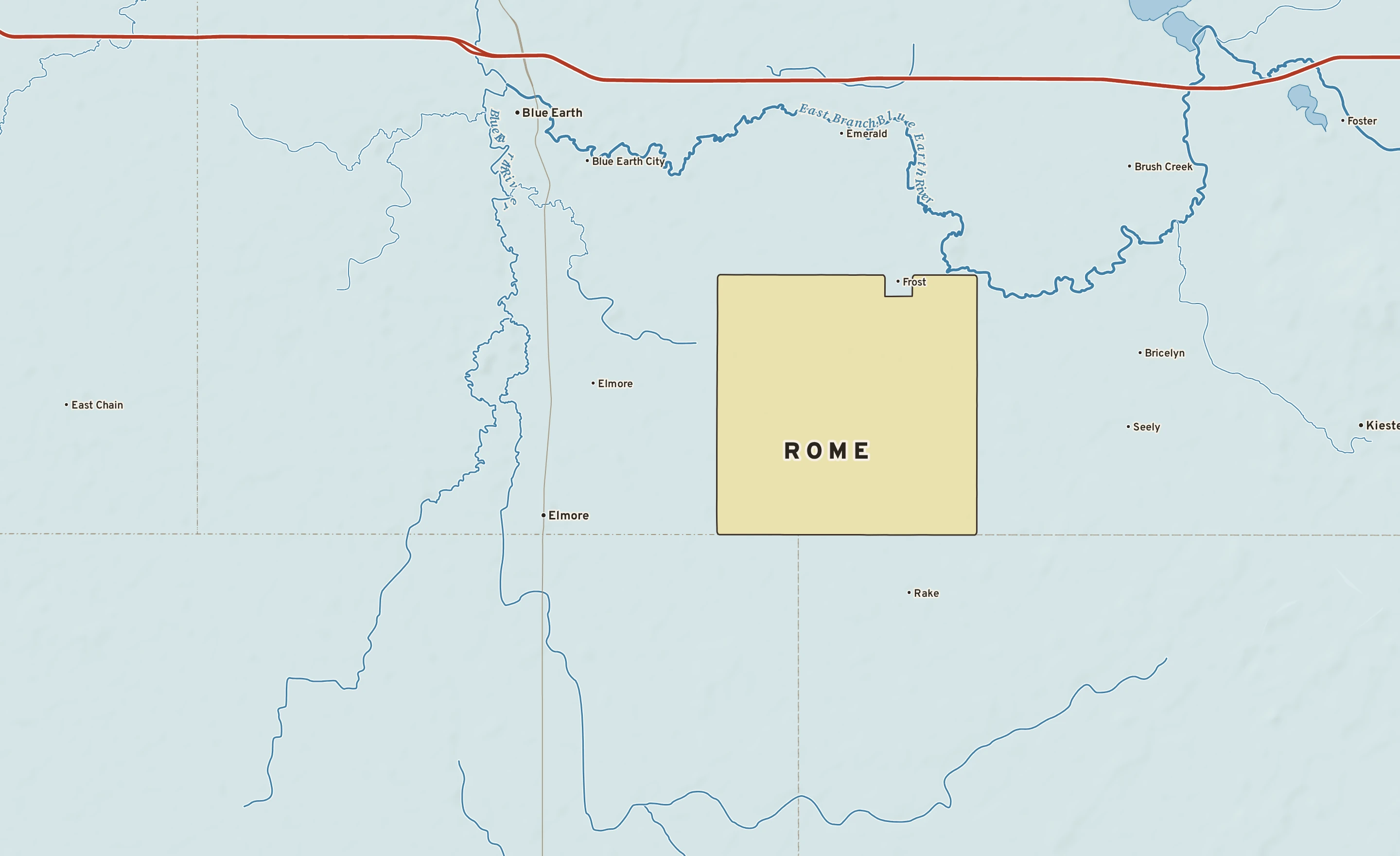 Shaded-relief atlas plate of Rome, Minnesota: rivers, roads, the city limits and where the water drains.