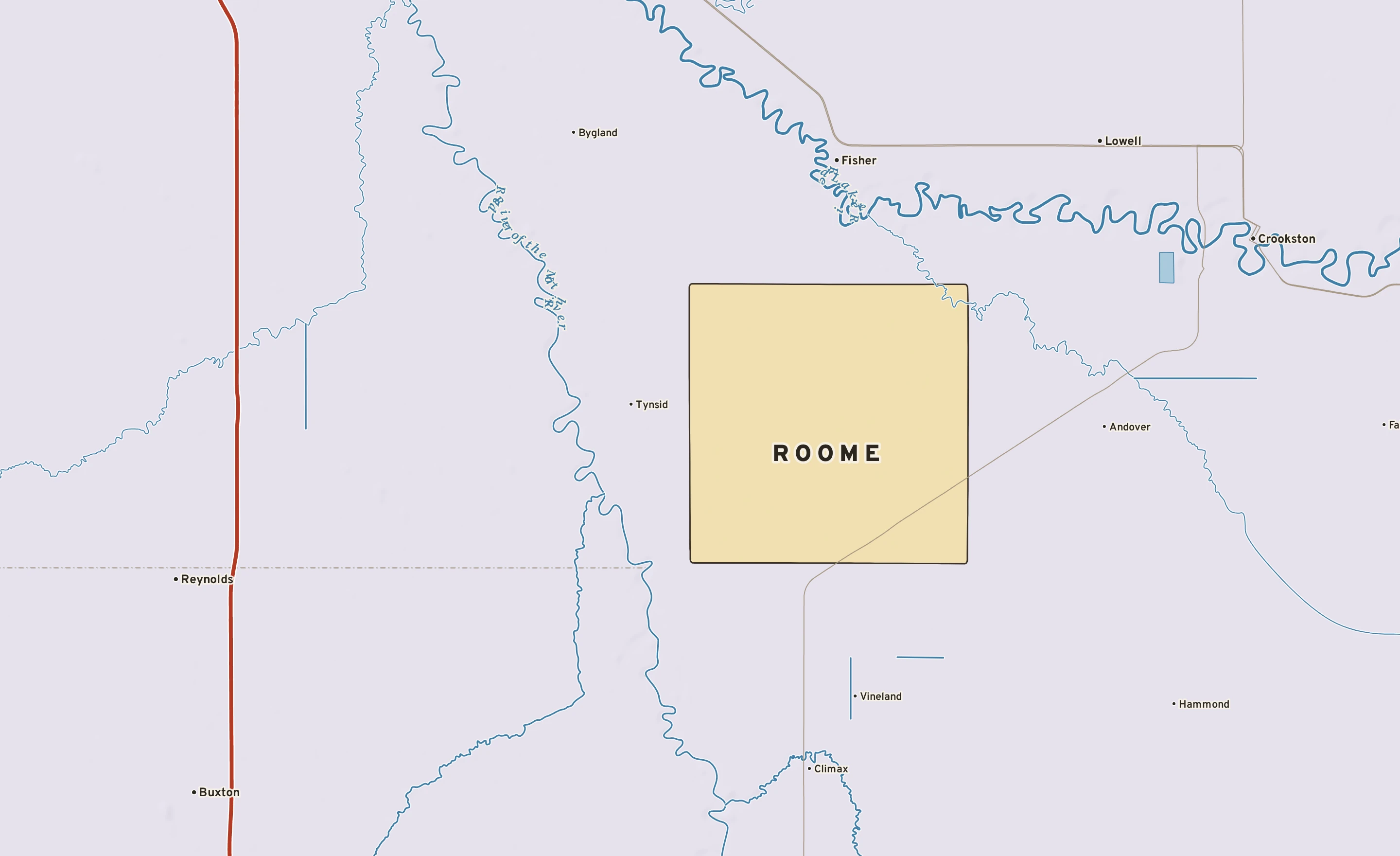 Shaded-relief atlas plate of Roome, Minnesota: rivers, roads, the city limits and where the water drains.