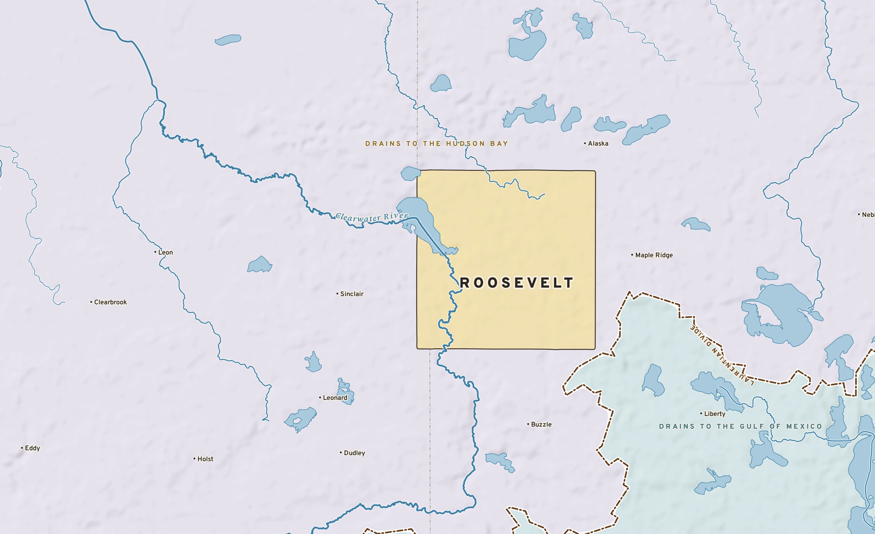 Shaded-relief atlas plate of Roosevelt, Minnesota: rivers, roads, the city limits and where the water drains.