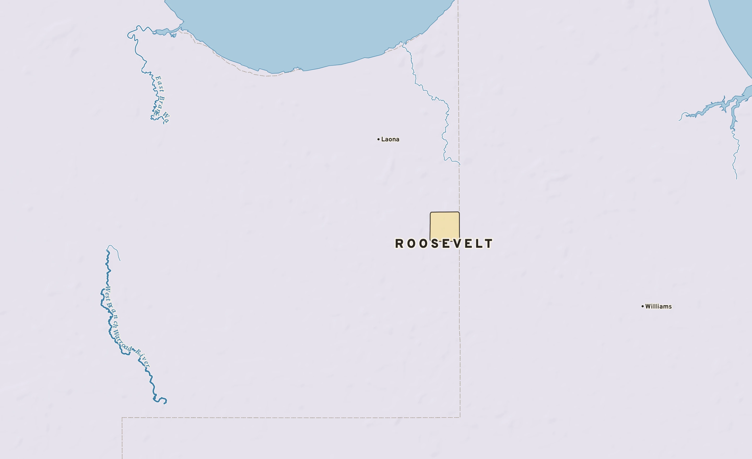 Shaded-relief atlas plate of Roosevelt, Minnesota: rivers, roads, the city limits and where the water drains.