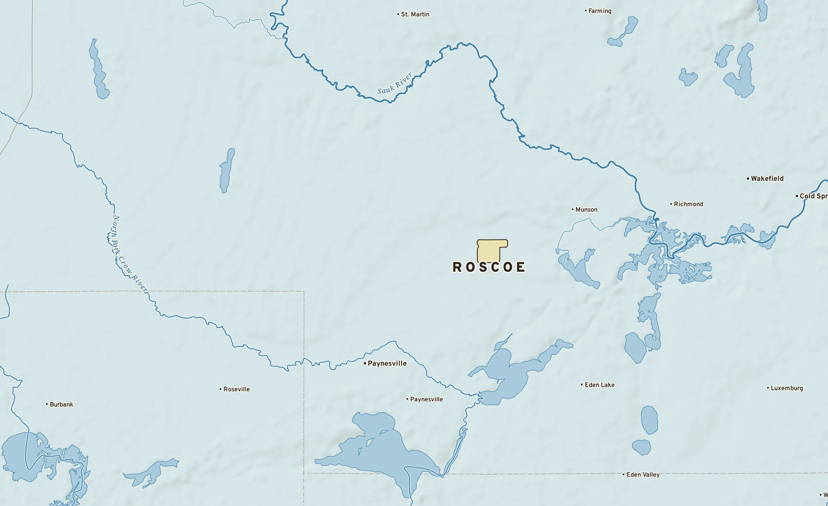 Shaded-relief atlas plate of Roscoe, Minnesota: rivers, roads, the city limits and where the water drains.