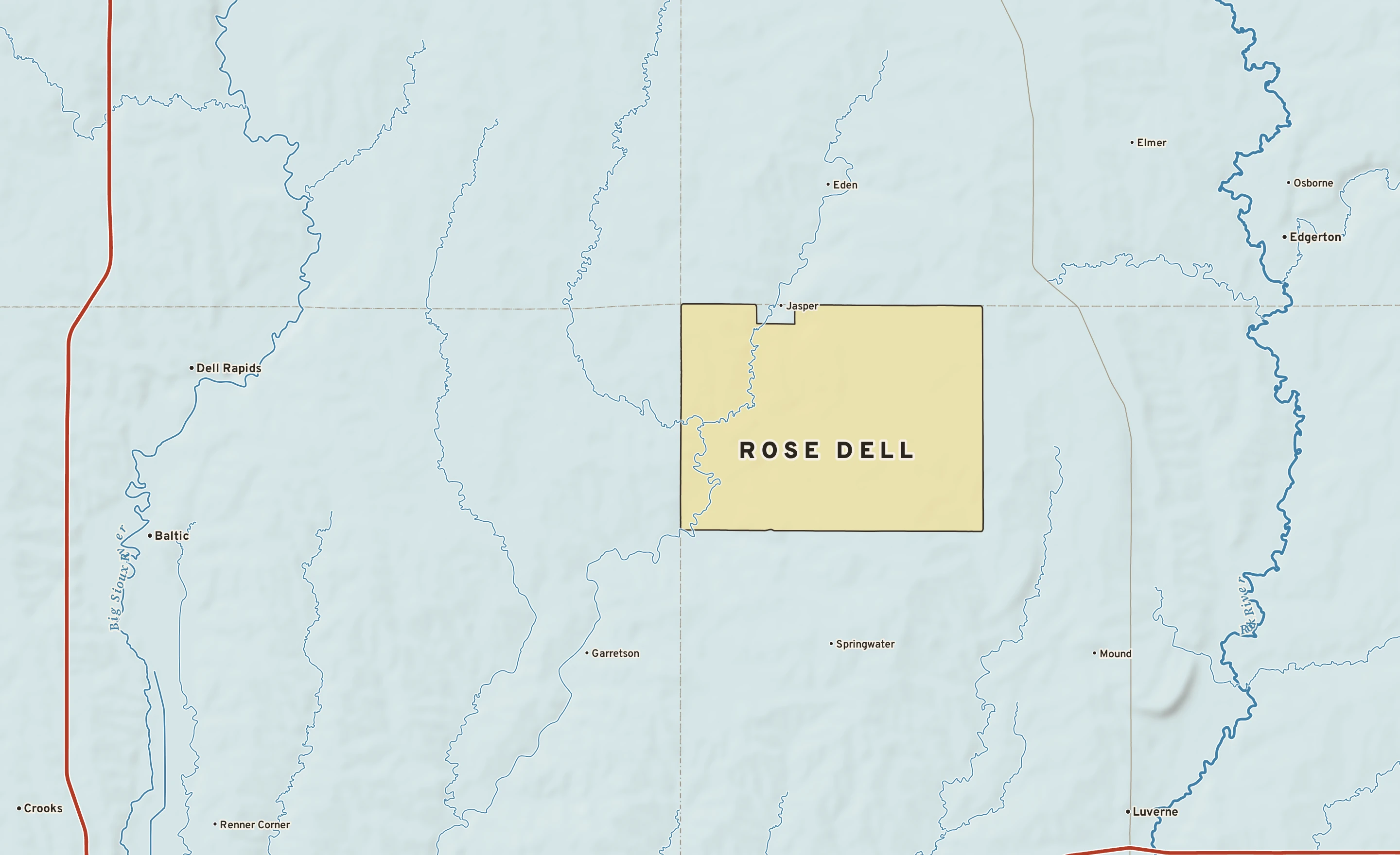 Shaded-relief atlas plate of Rose Dell, Minnesota: rivers, roads, the city limits and where the water drains.
