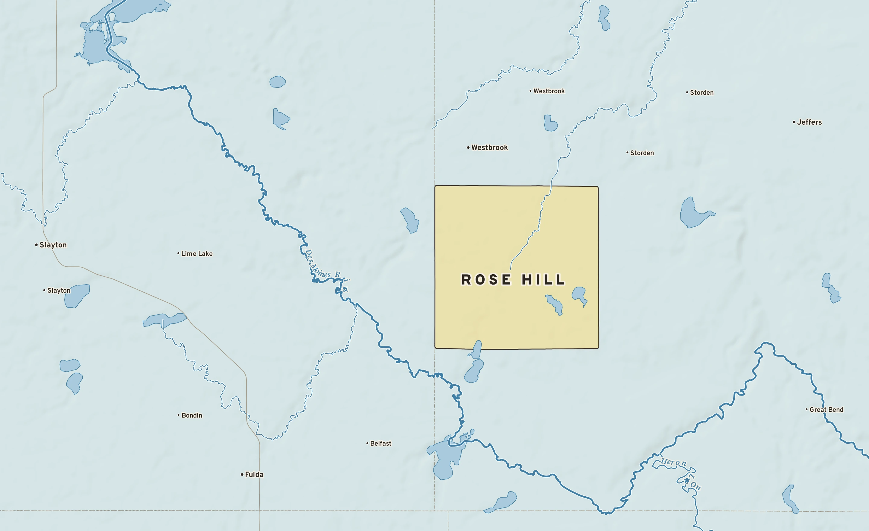 Shaded-relief atlas plate of Rose Hill, Minnesota: rivers, roads, the city limits and where the water drains.
