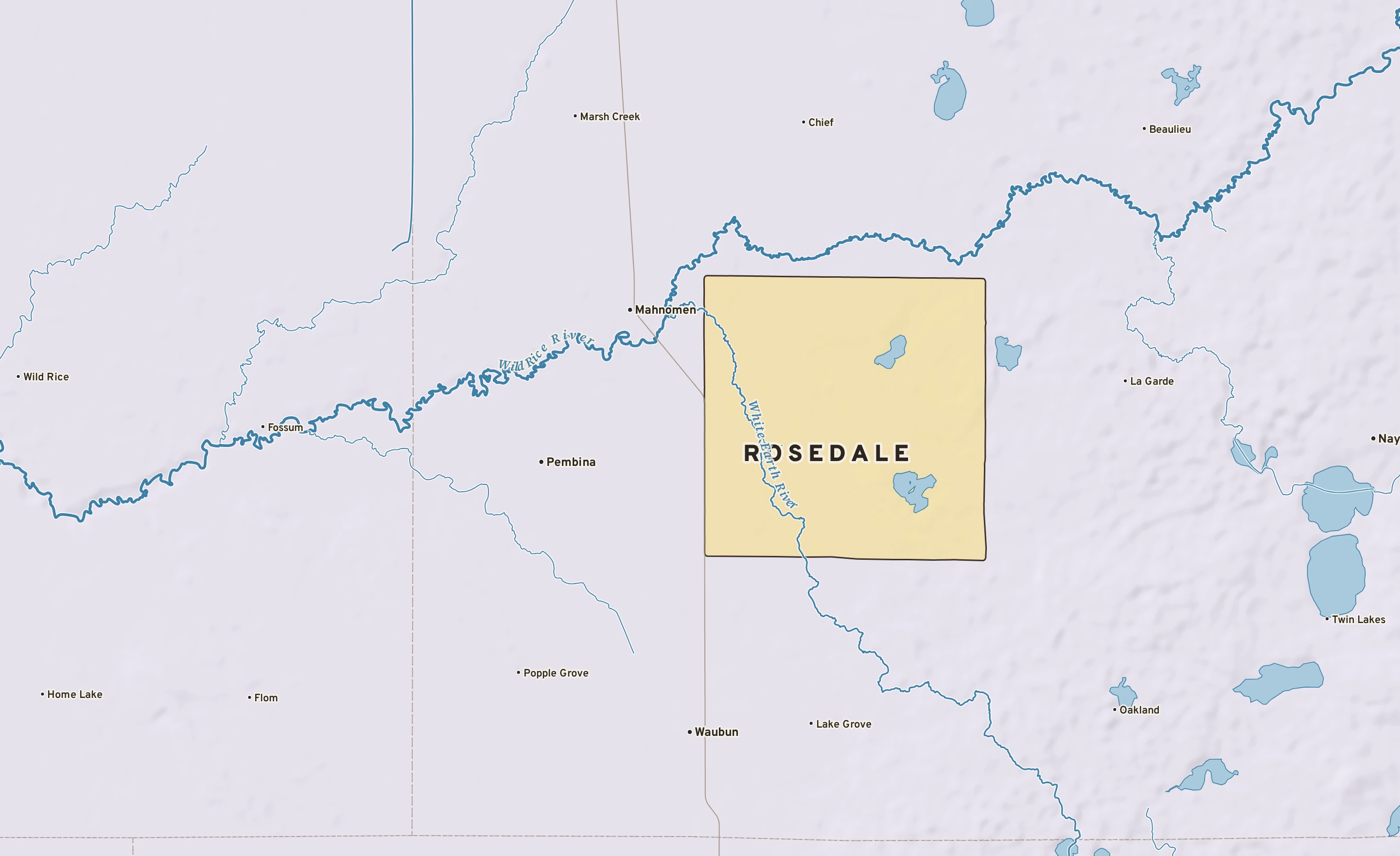 Shaded-relief atlas plate of Rosedale, Minnesota: rivers, roads, the city limits and where the water drains.