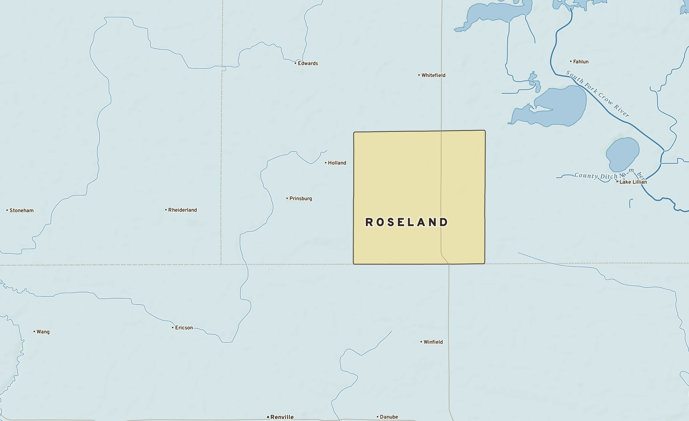 Shaded-relief atlas plate of Roseland, Minnesota: rivers, roads, the city limits and where the water drains.