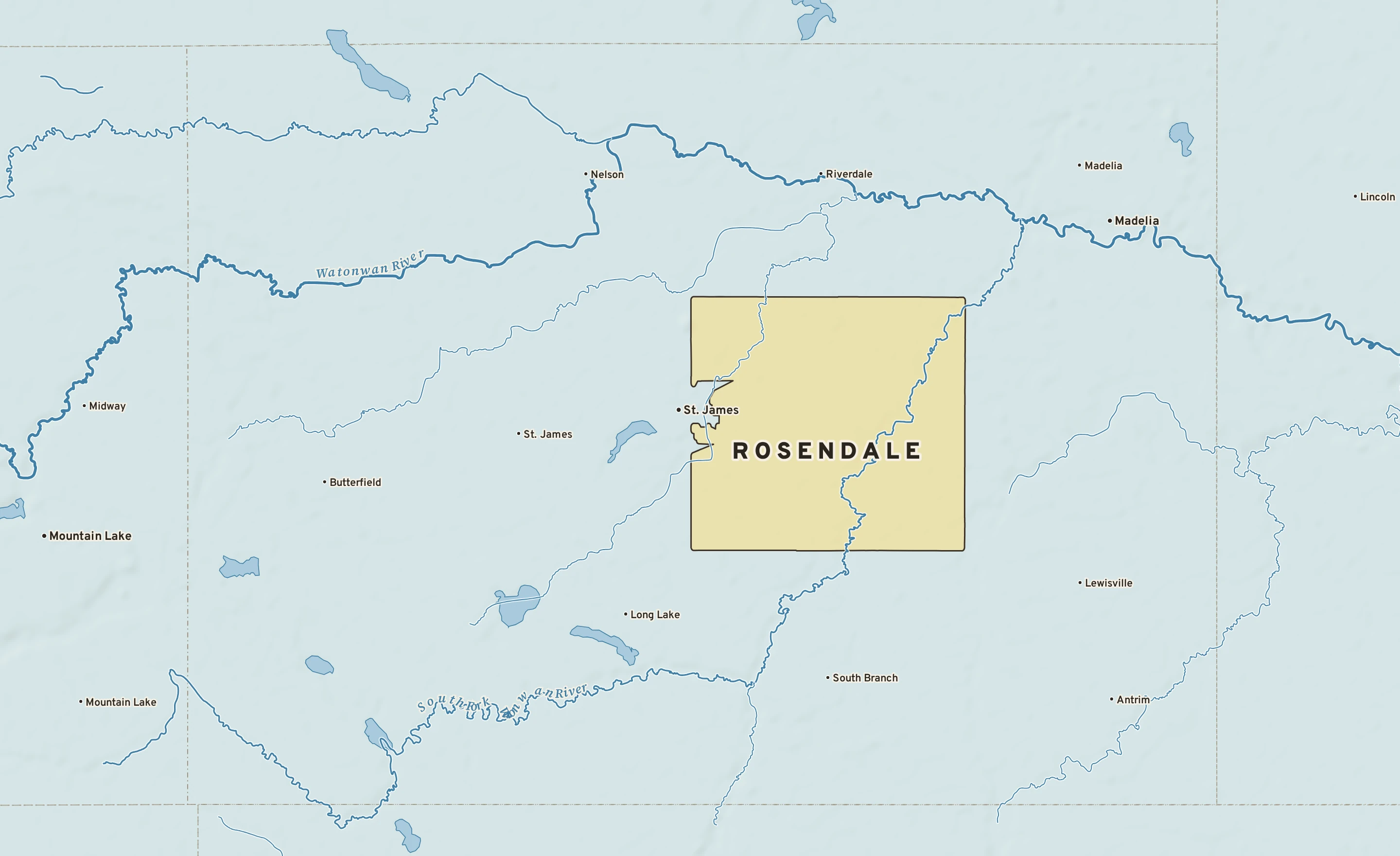 Shaded-relief atlas plate of Rosendale, Minnesota: rivers, roads, the city limits and where the water drains.