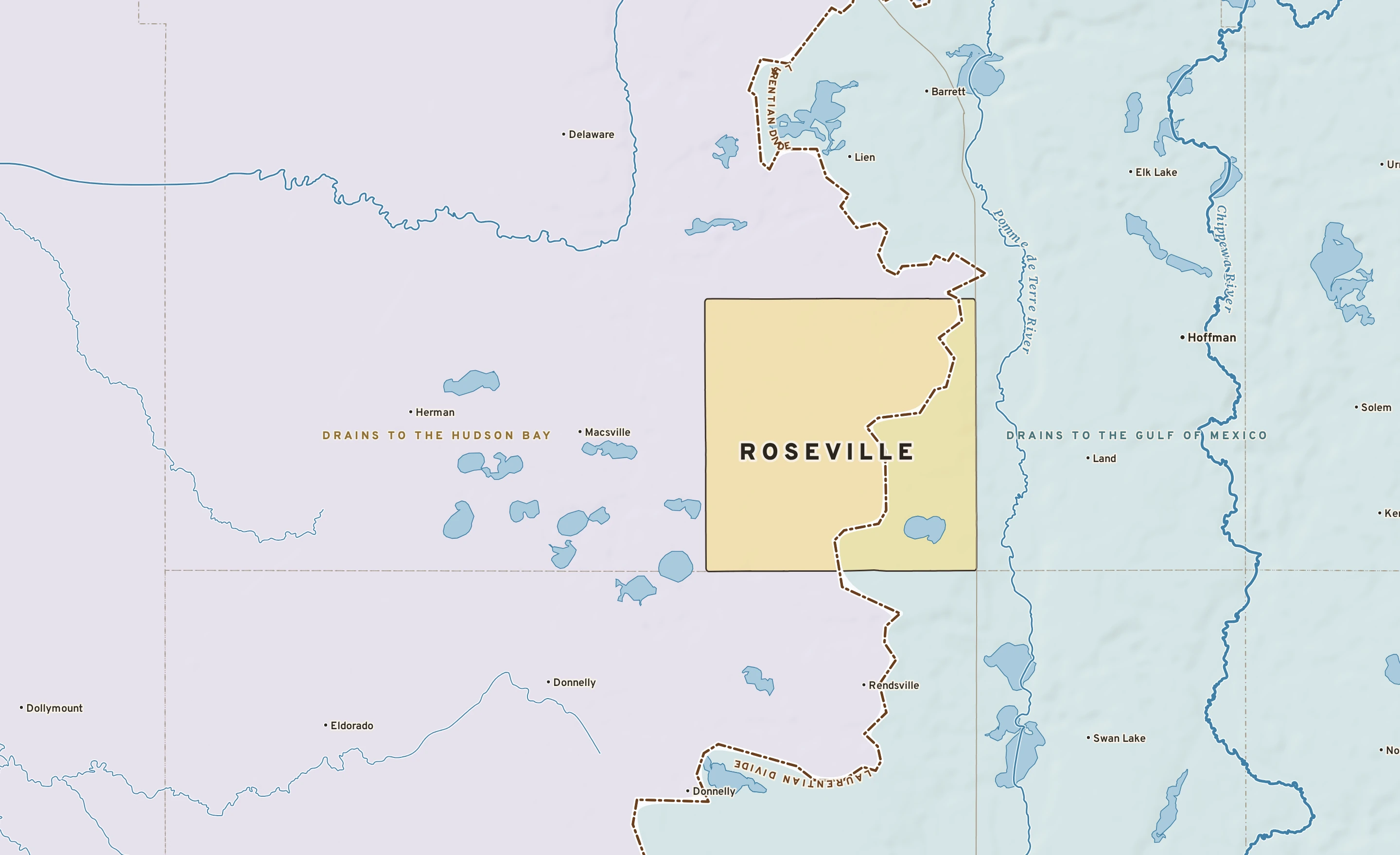 Shaded-relief atlas plate of Roseville, Minnesota: rivers, roads, the city limits and where the water drains.