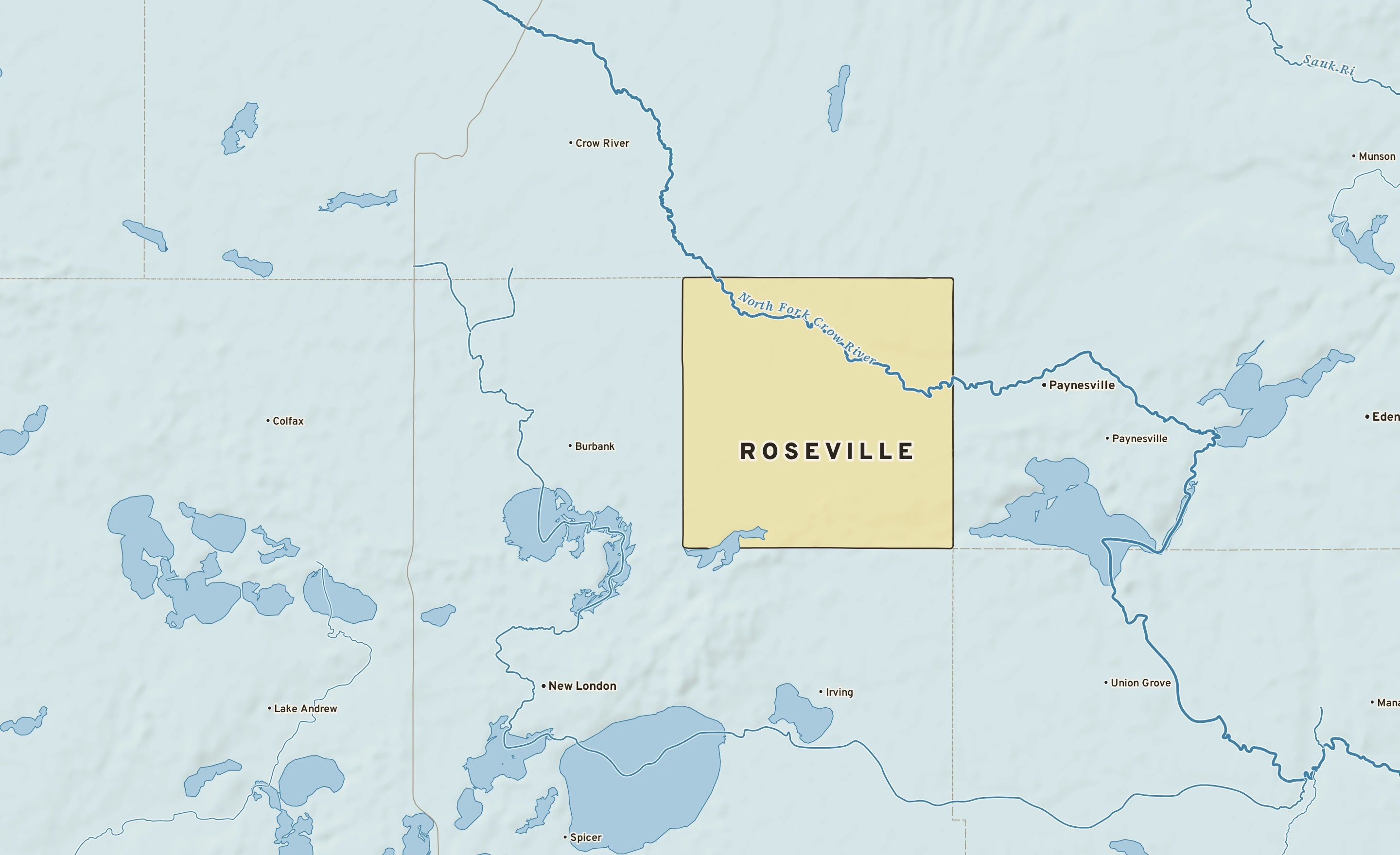 Shaded-relief atlas plate of Roseville, Minnesota: rivers, roads, the city limits and where the water drains.