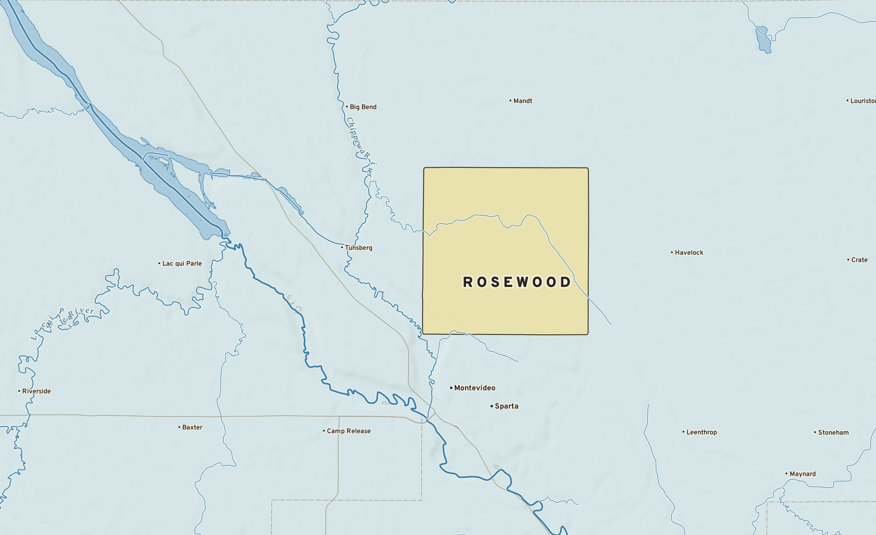 Shaded-relief atlas plate of Rosewood, Minnesota: rivers, roads, the city limits and where the water drains.