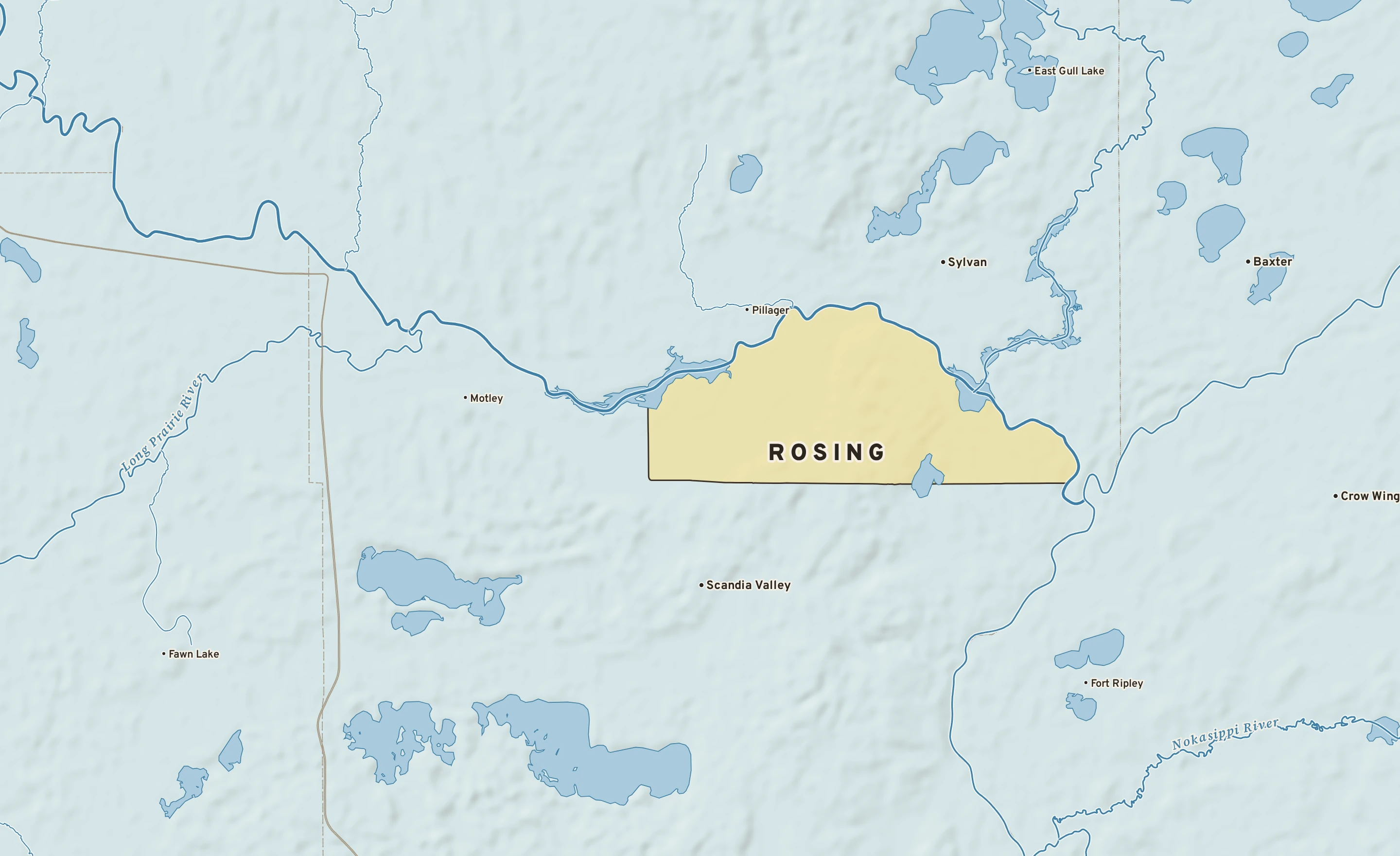 Shaded-relief atlas plate of Rosing, Minnesota: rivers, roads, the city limits and where the water drains.