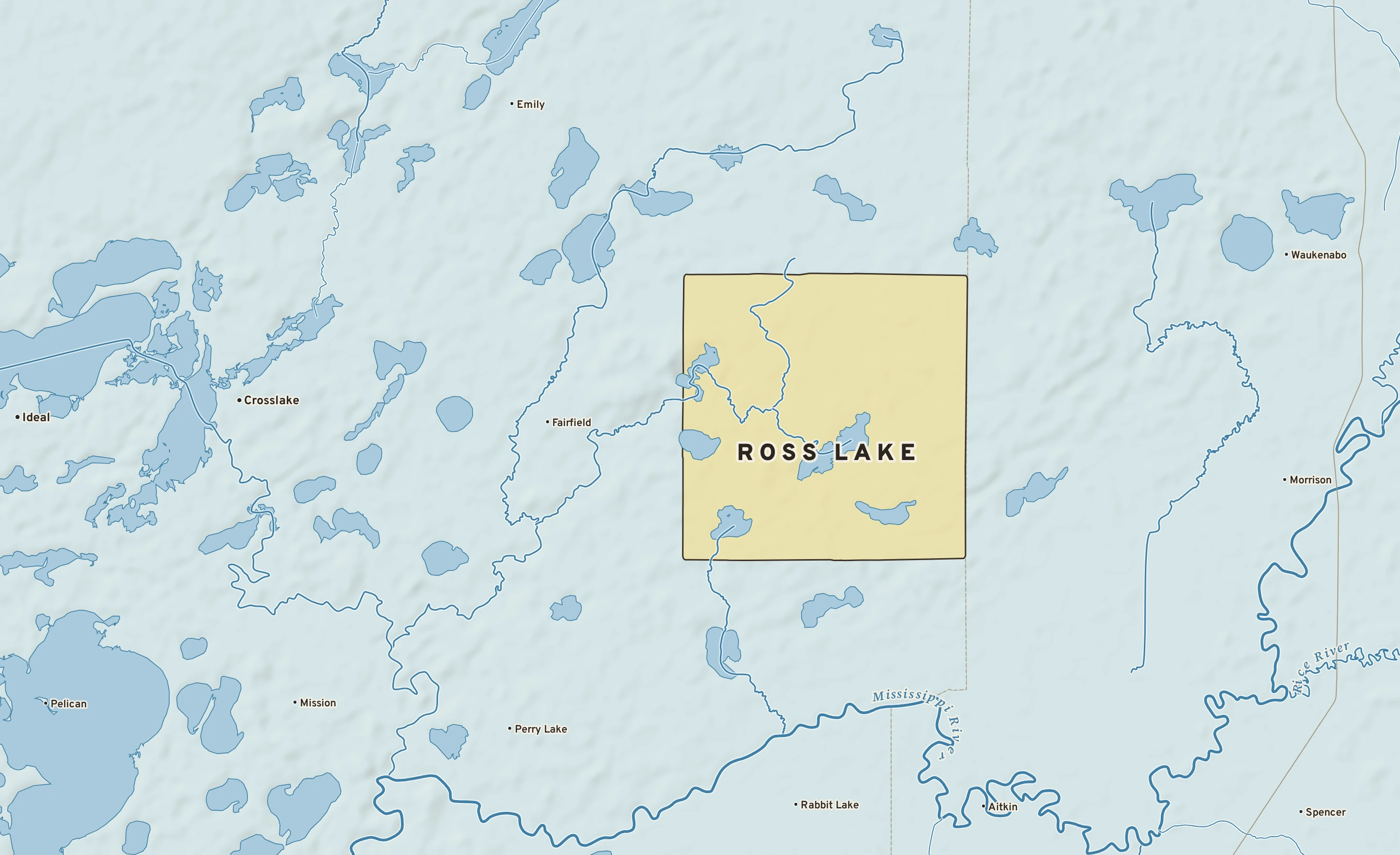 Shaded-relief atlas plate of Ross Lake, Minnesota: rivers, roads, the city limits and where the water drains.