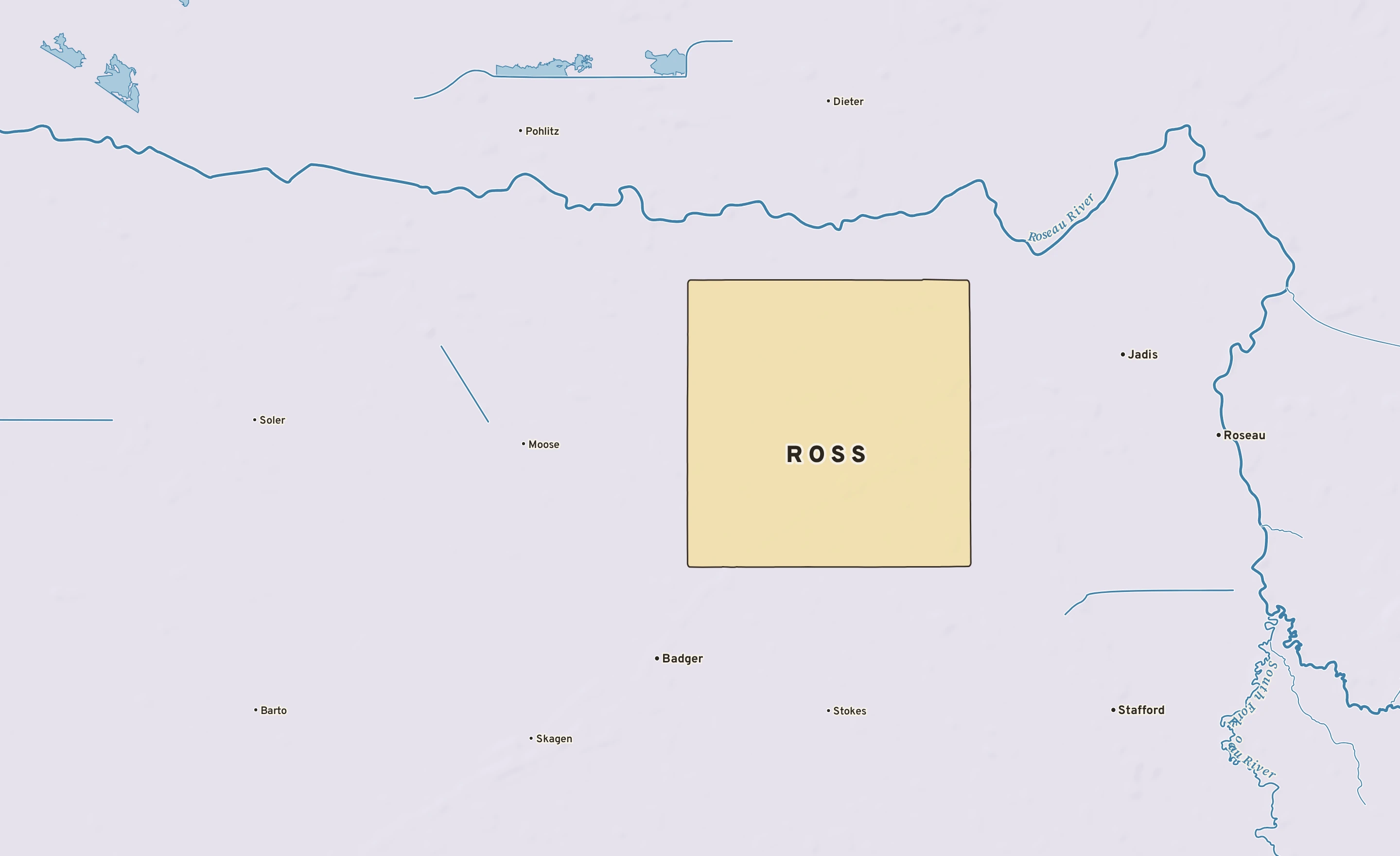Shaded-relief atlas plate of Ross, Minnesota: rivers, roads, the city limits and where the water drains.