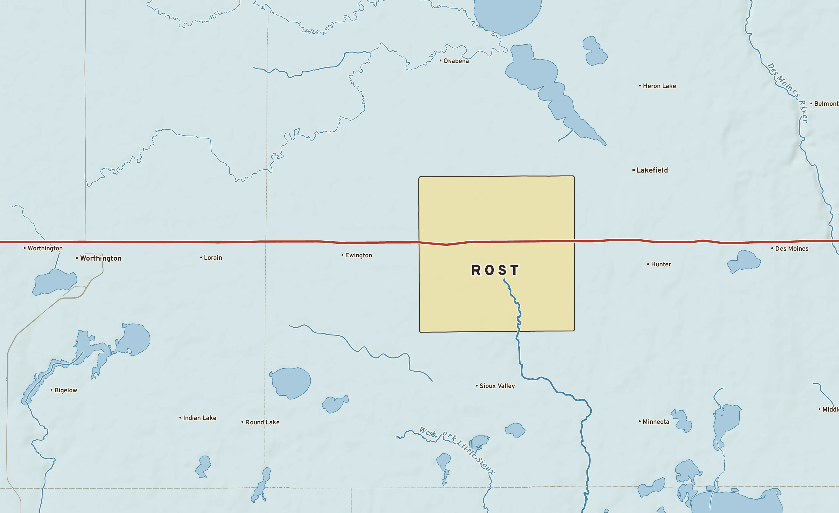 Shaded-relief atlas plate of Rost, Minnesota: rivers, roads, the city limits and where the water drains.