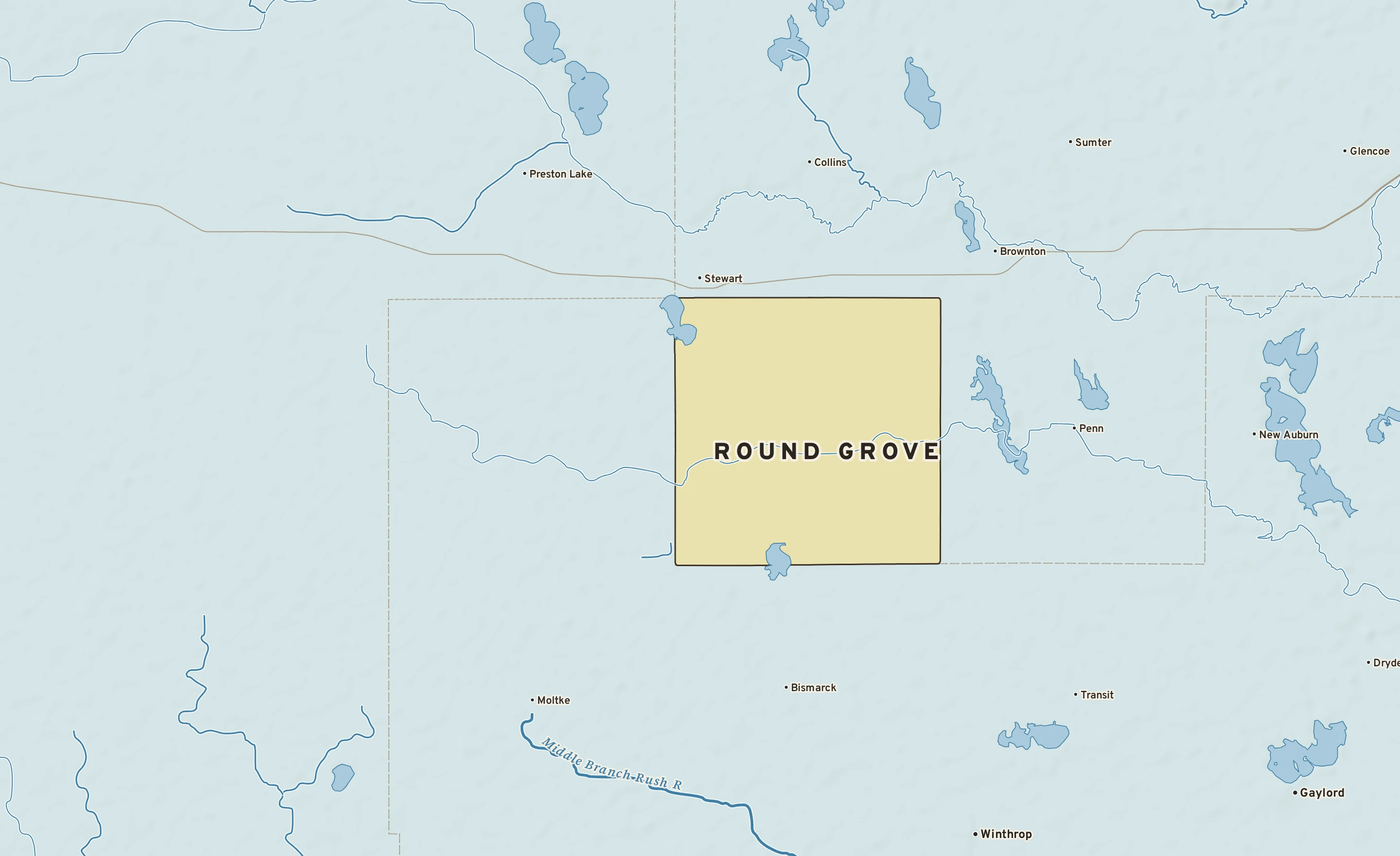 Shaded-relief atlas plate of Round Grove, Minnesota: rivers, roads, the city limits and where the water drains.