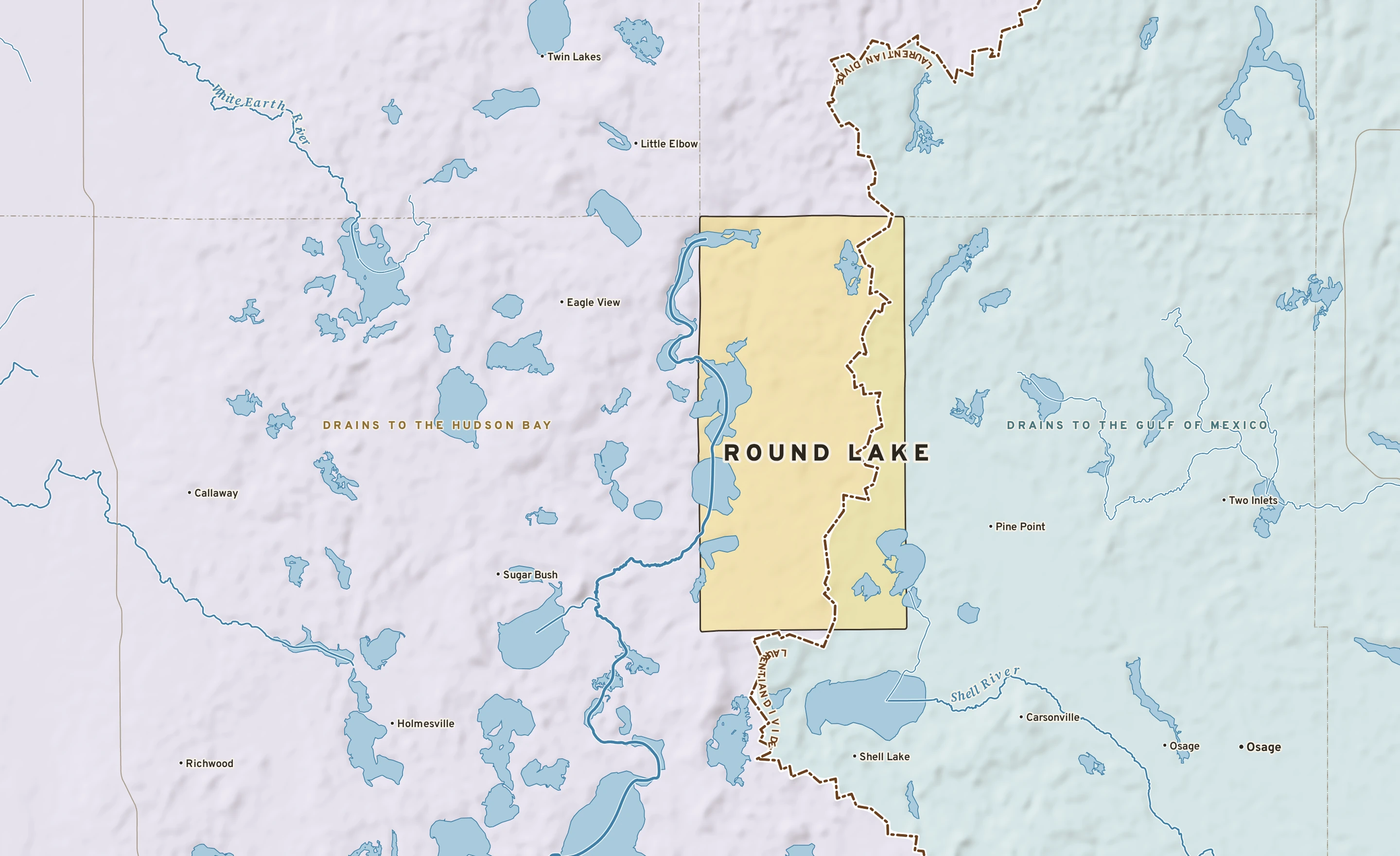 Shaded-relief atlas plate of Round Lake, Minnesota: rivers, roads, the city limits and where the water drains.