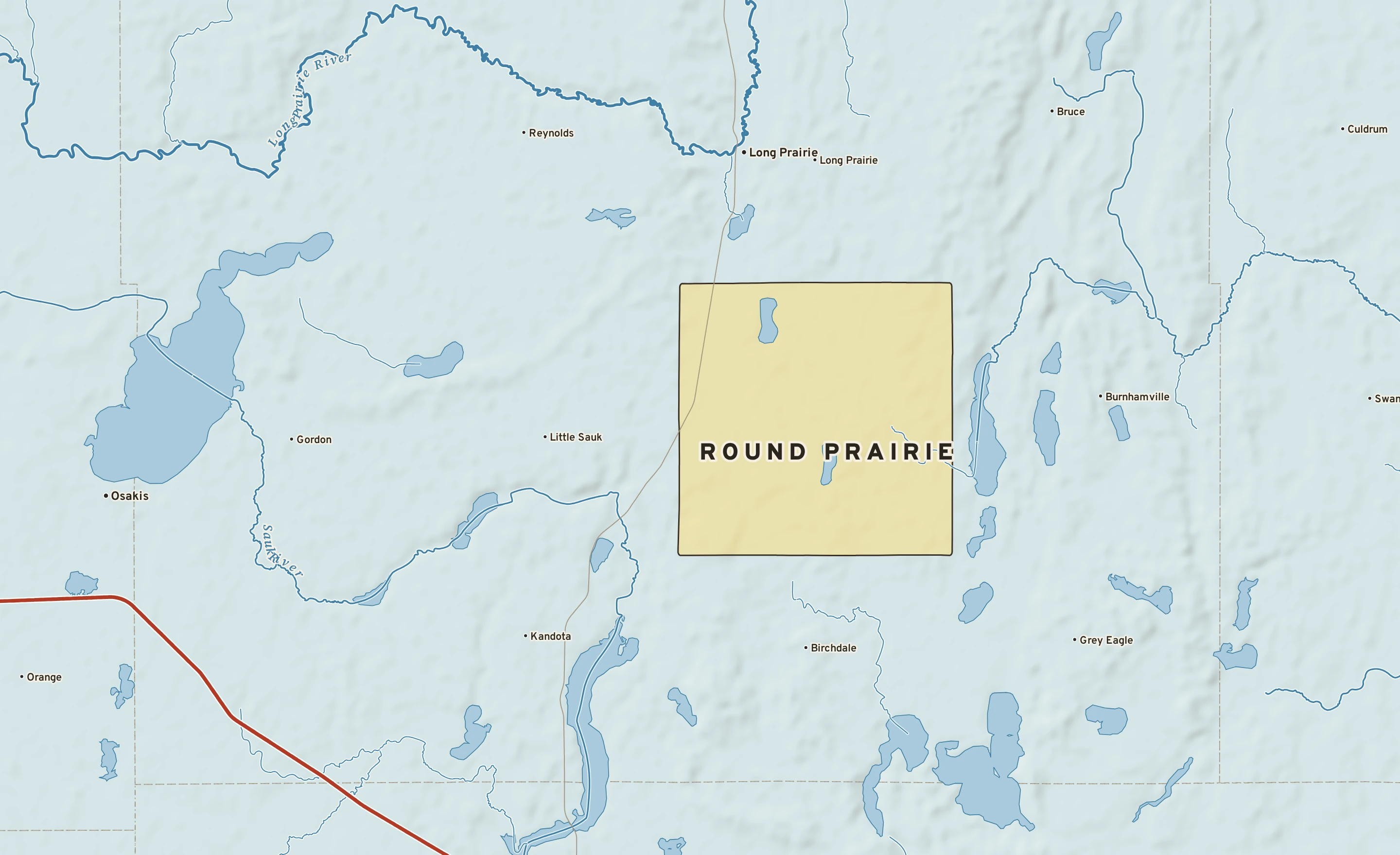 Shaded-relief atlas plate of Round Prairie, Minnesota: rivers, roads, the city limits and where the water drains.