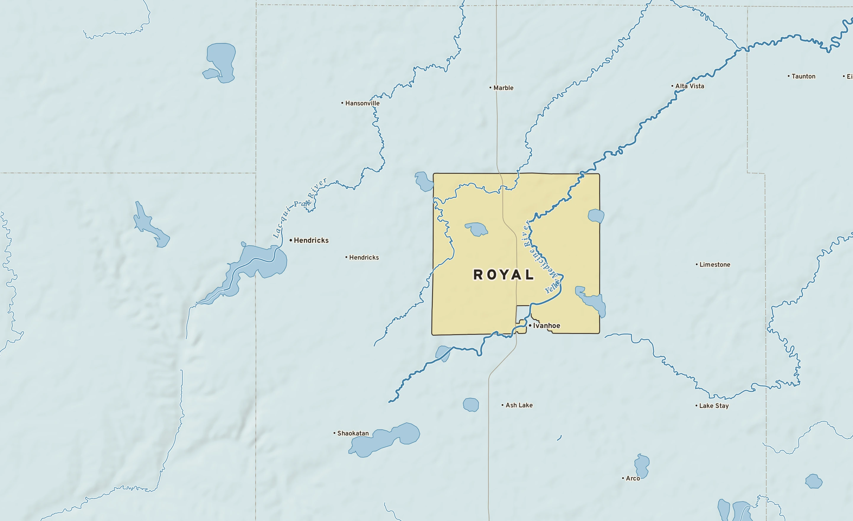 Shaded-relief atlas plate of Royal, Minnesota: rivers, roads, the city limits and where the water drains.