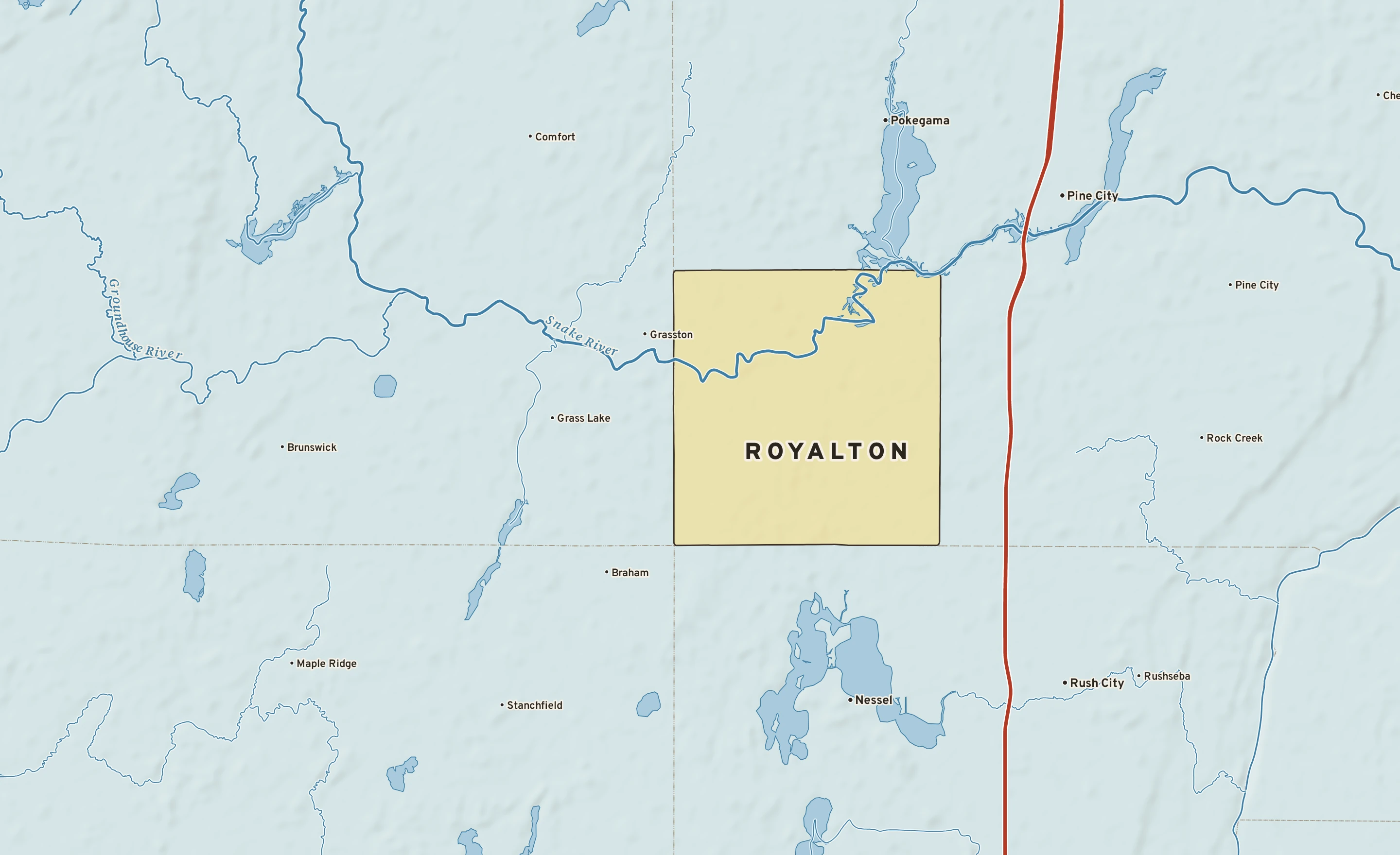 Shaded-relief atlas plate of Royalton, Minnesota: rivers, roads, the city limits and where the water drains.