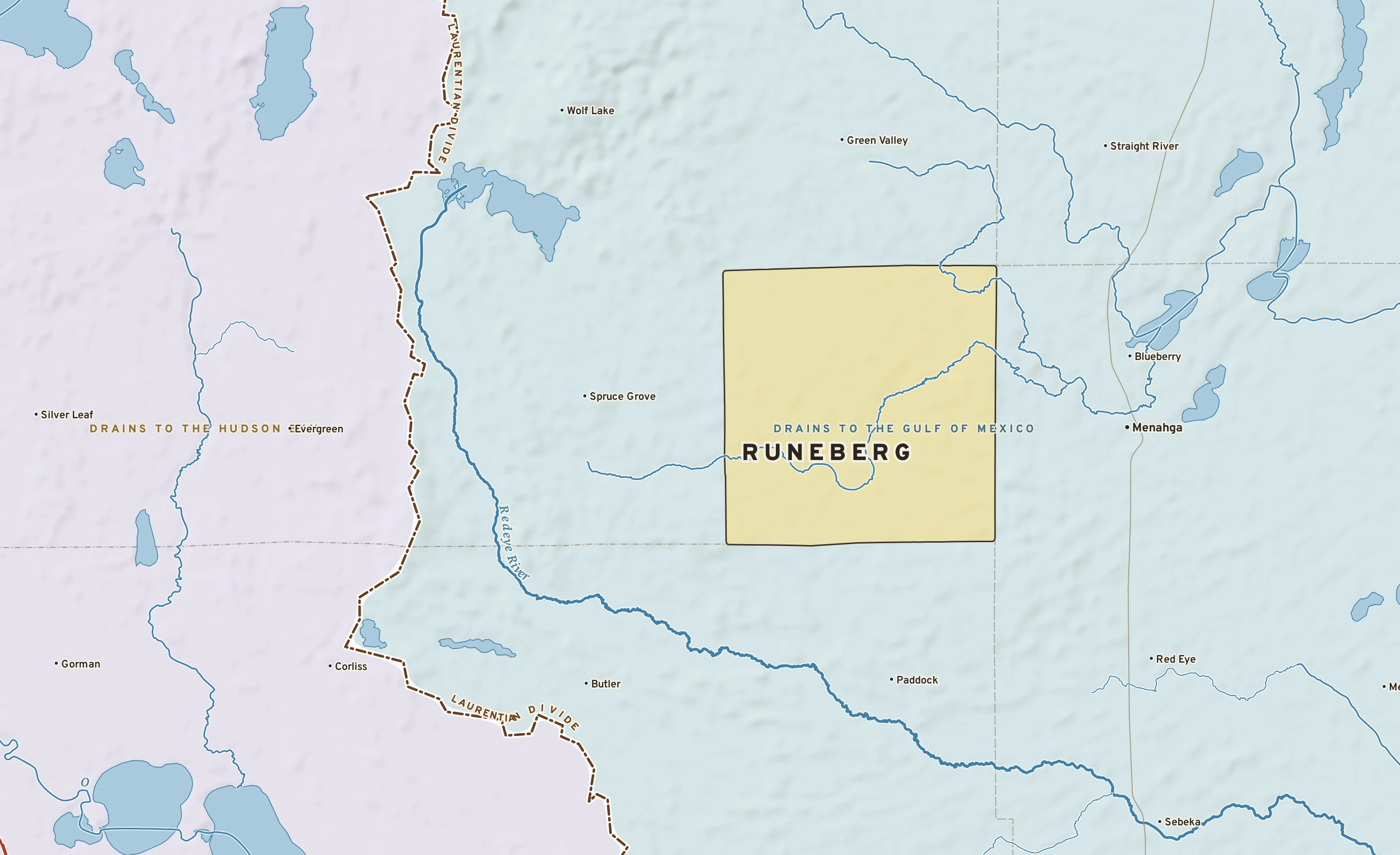 Shaded-relief atlas plate of Runeberg, Minnesota: rivers, roads, the city limits and where the water drains.
