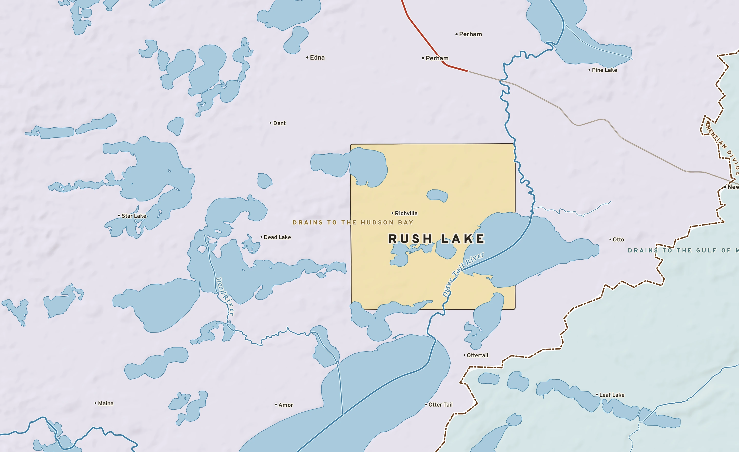 Shaded-relief atlas plate of Rush Lake, Minnesota: rivers, roads, the city limits and where the water drains.