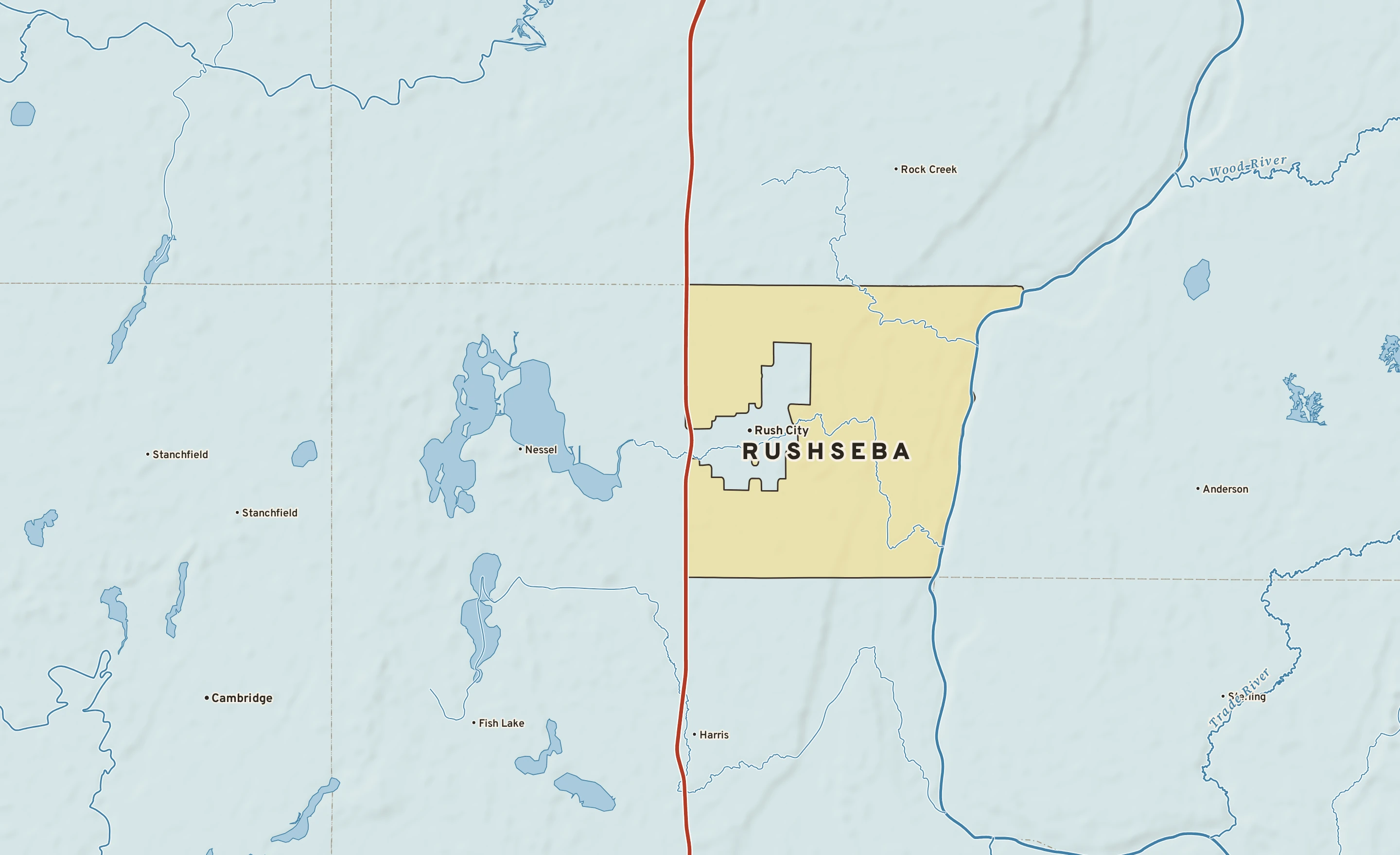 Shaded-relief atlas plate of Rushseba, Minnesota: rivers, roads, the city limits and where the water drains.