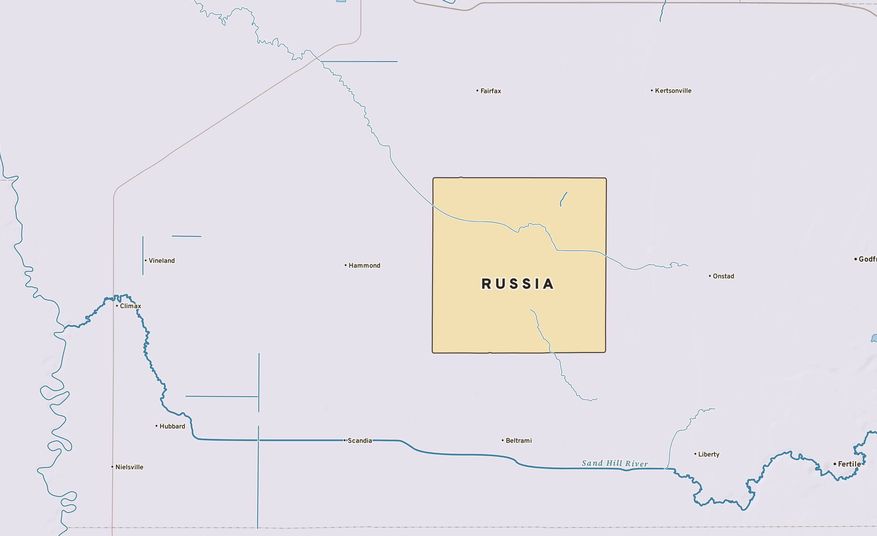Shaded-relief atlas plate of Russia, Minnesota: rivers, roads, the city limits and where the water drains.