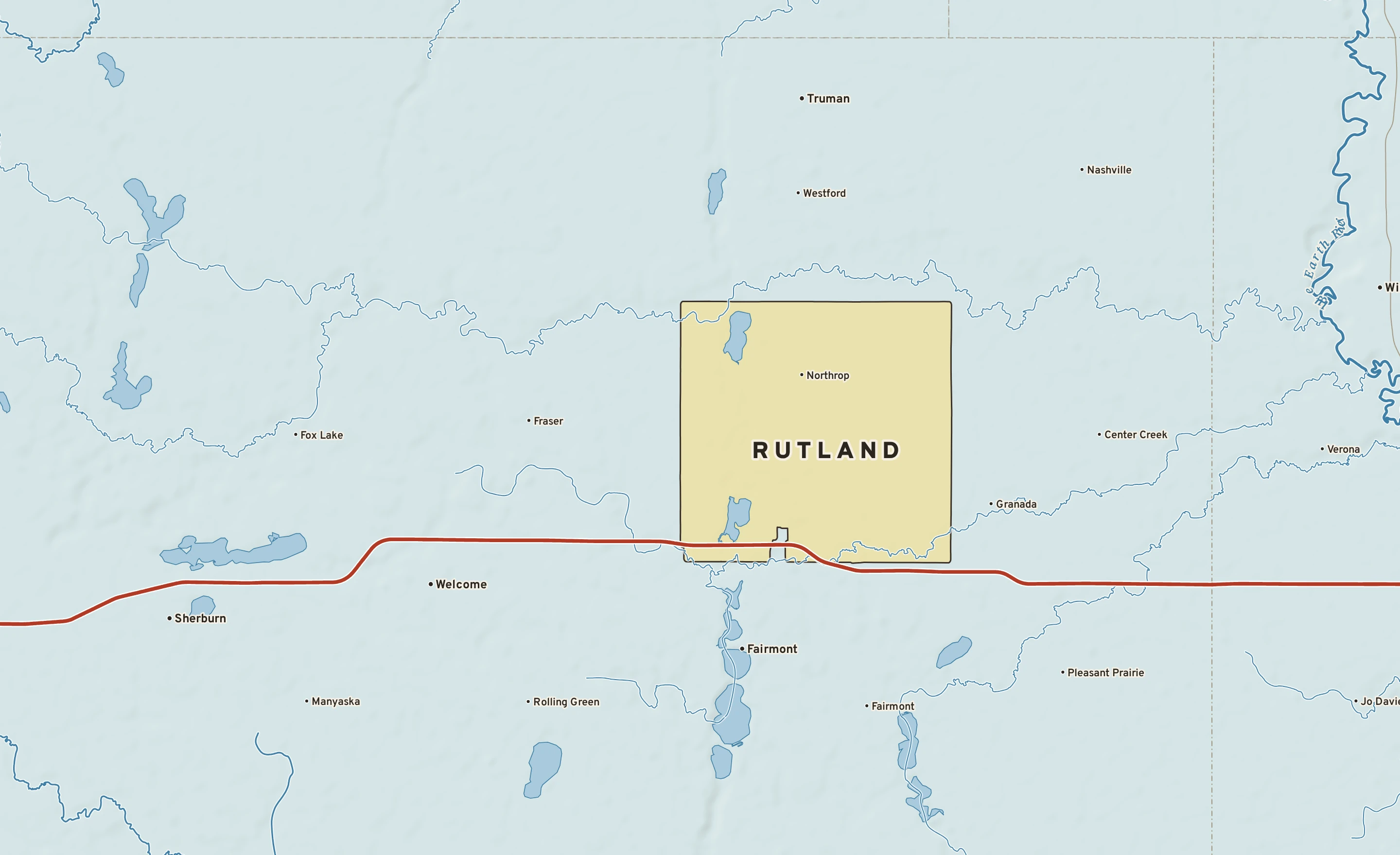Shaded-relief atlas plate of Rutland, Minnesota: rivers, roads, the city limits and where the water drains.