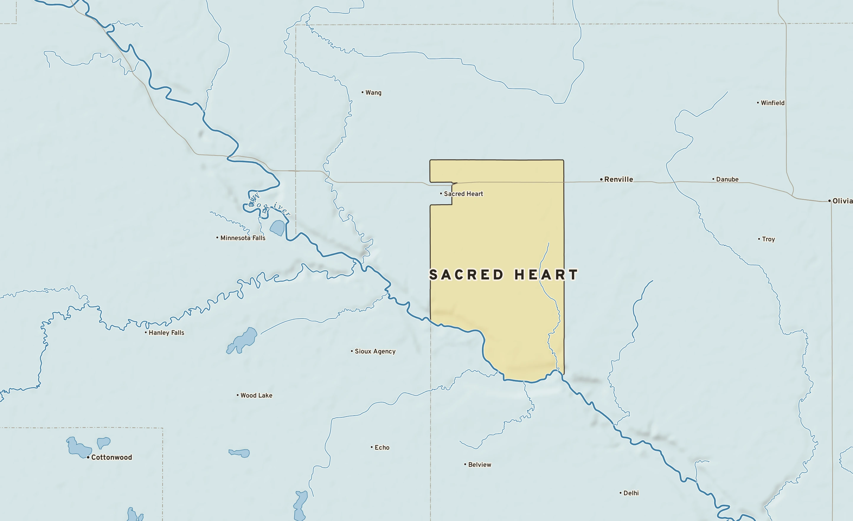 Shaded-relief atlas plate of Sacred Heart, Minnesota: rivers, roads, the city limits and where the water drains.