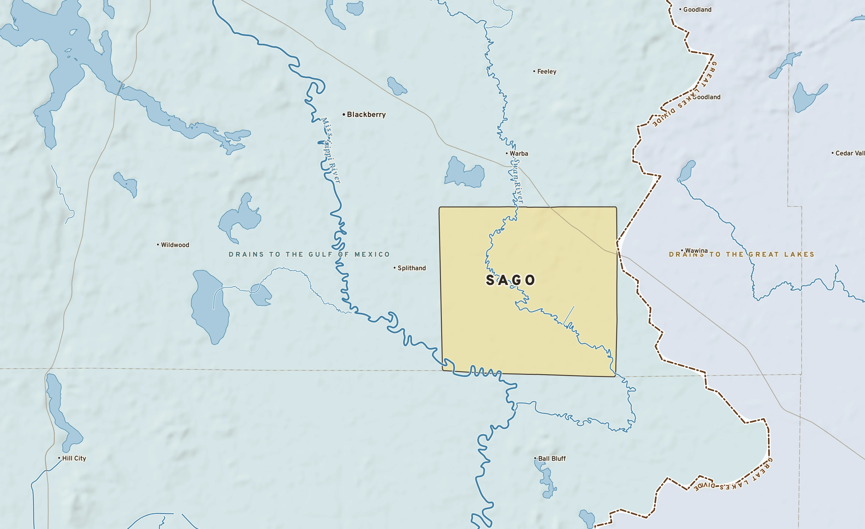 Shaded-relief atlas plate of Sago, Minnesota: rivers, roads, the city limits and where the water drains.