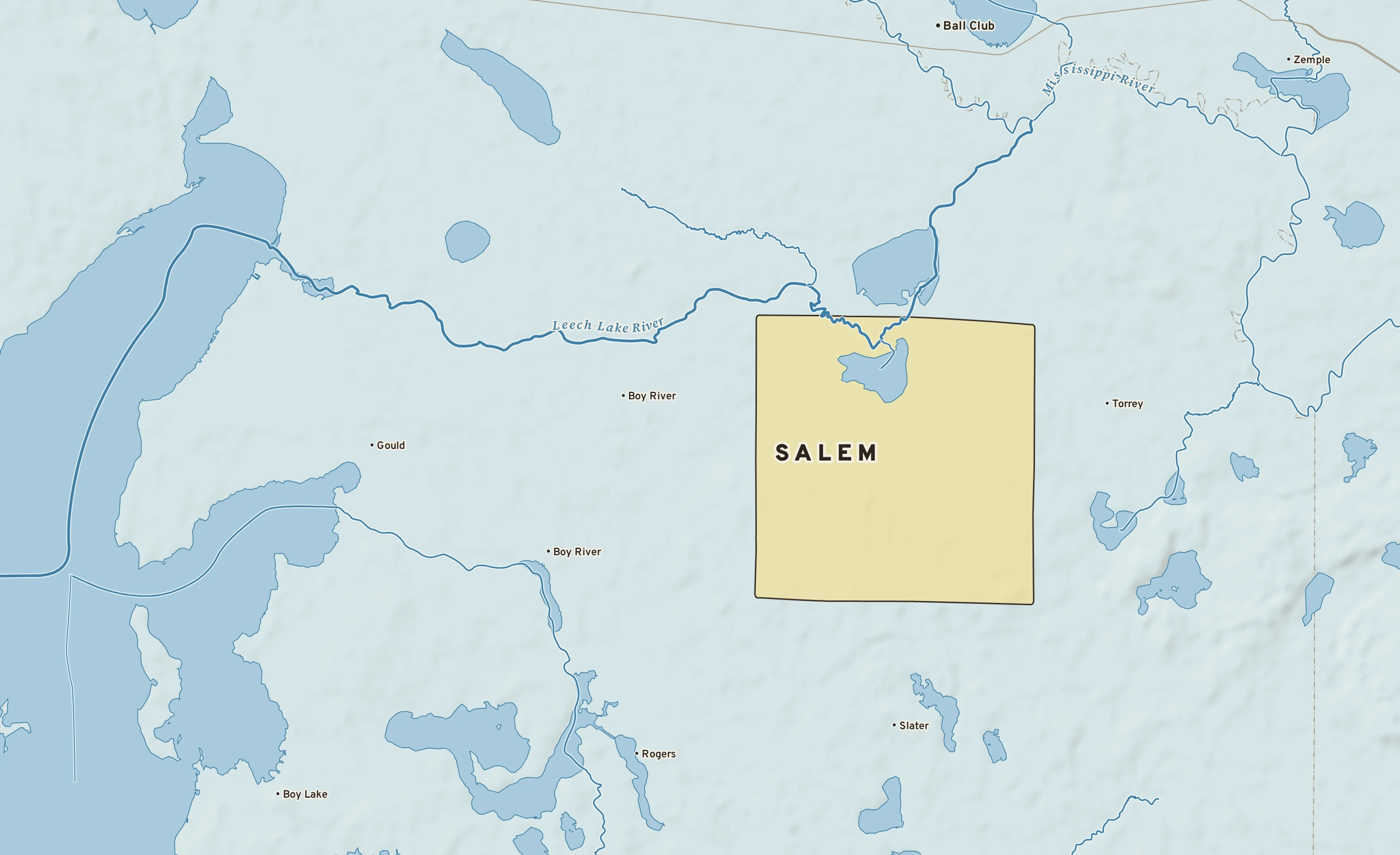 Shaded-relief atlas plate of Salem, Minnesota: rivers, roads, the city limits and where the water drains.