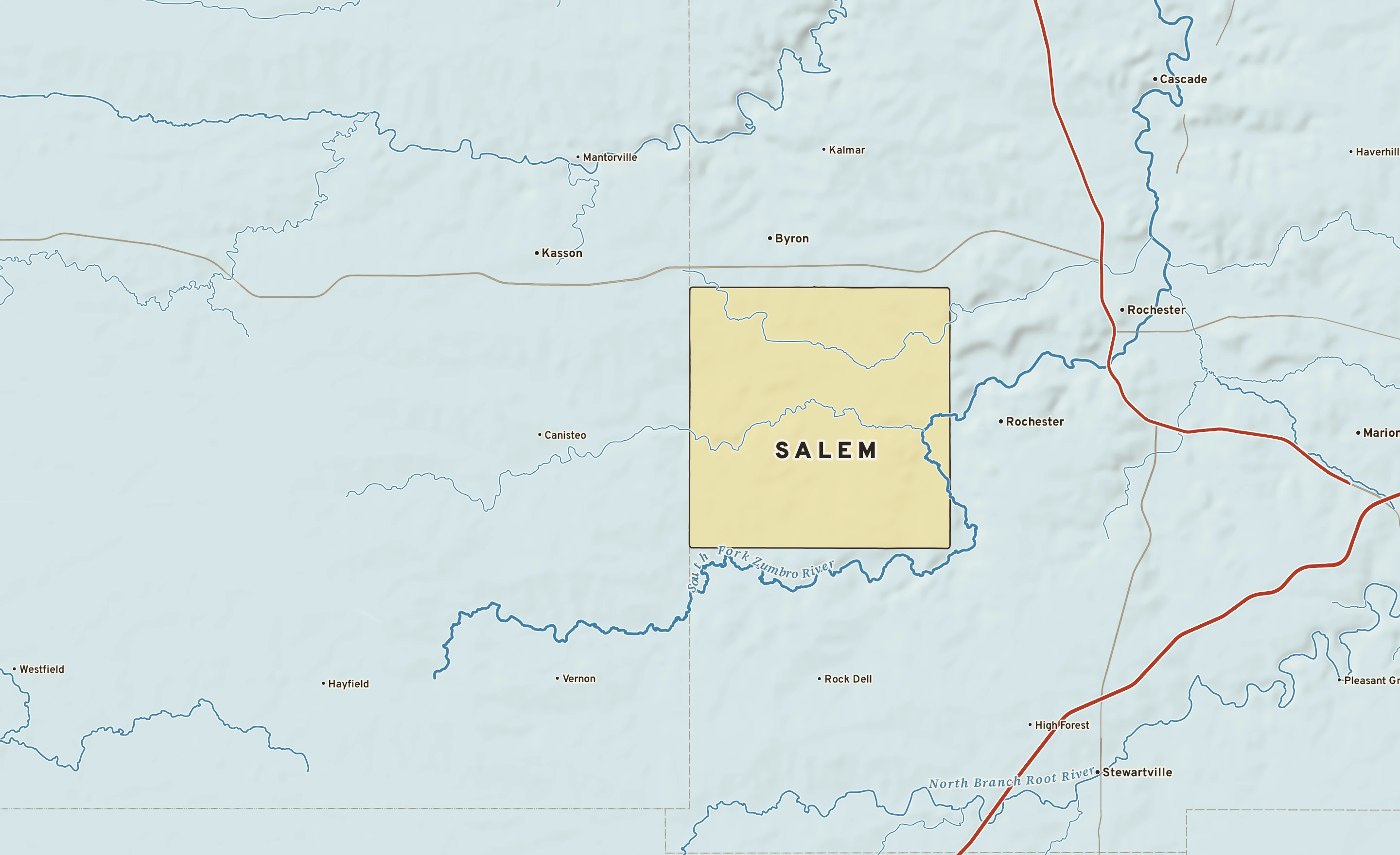 Shaded-relief atlas plate of Salem, Minnesota: rivers, roads, the city limits and where the water drains.