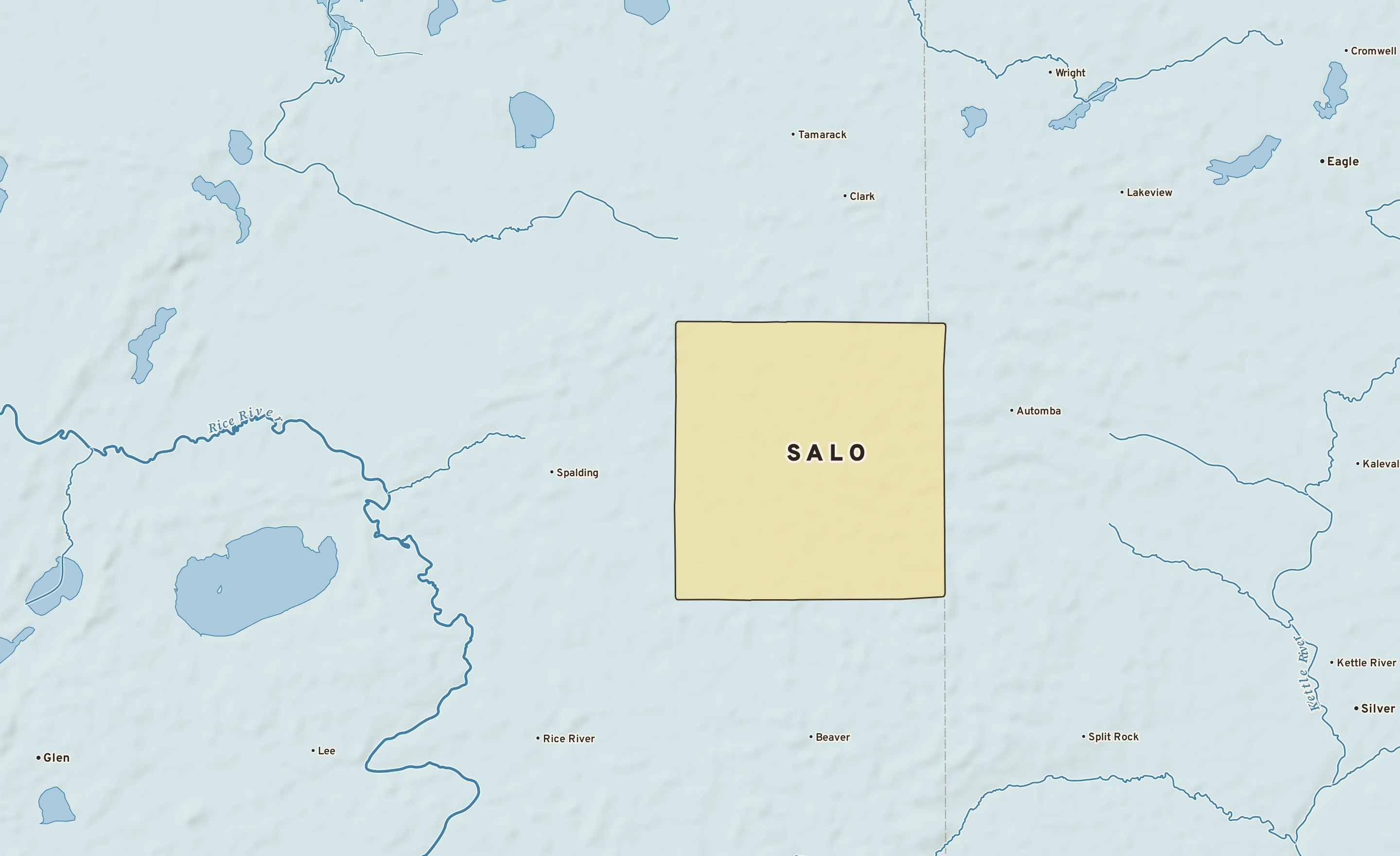 Shaded-relief atlas plate of Salo, Minnesota: rivers, roads, the city limits and where the water drains.