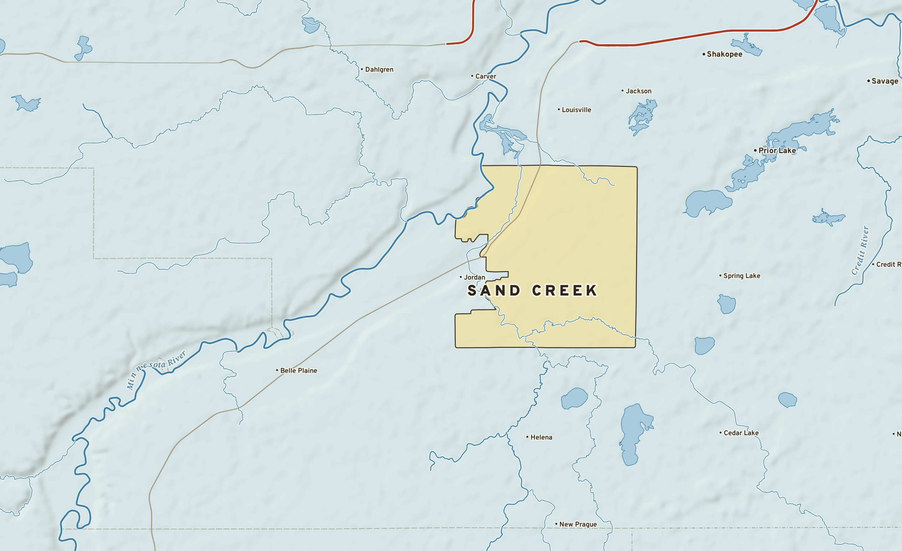 Shaded-relief atlas plate of Sand Creek, Minnesota: rivers, roads, the city limits and where the water drains.