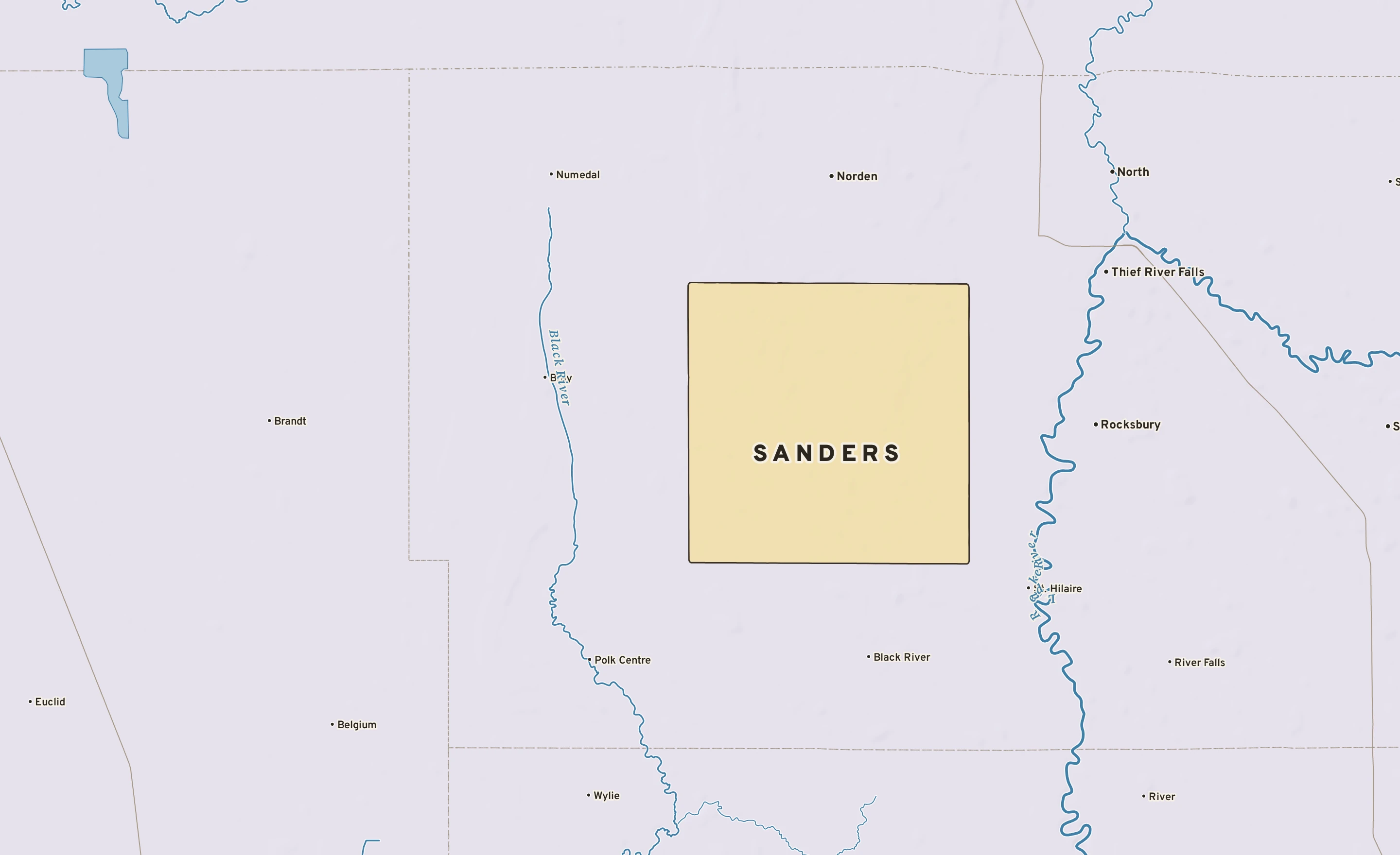Shaded-relief atlas plate of Sanders, Minnesota: rivers, roads, the city limits and where the water drains.