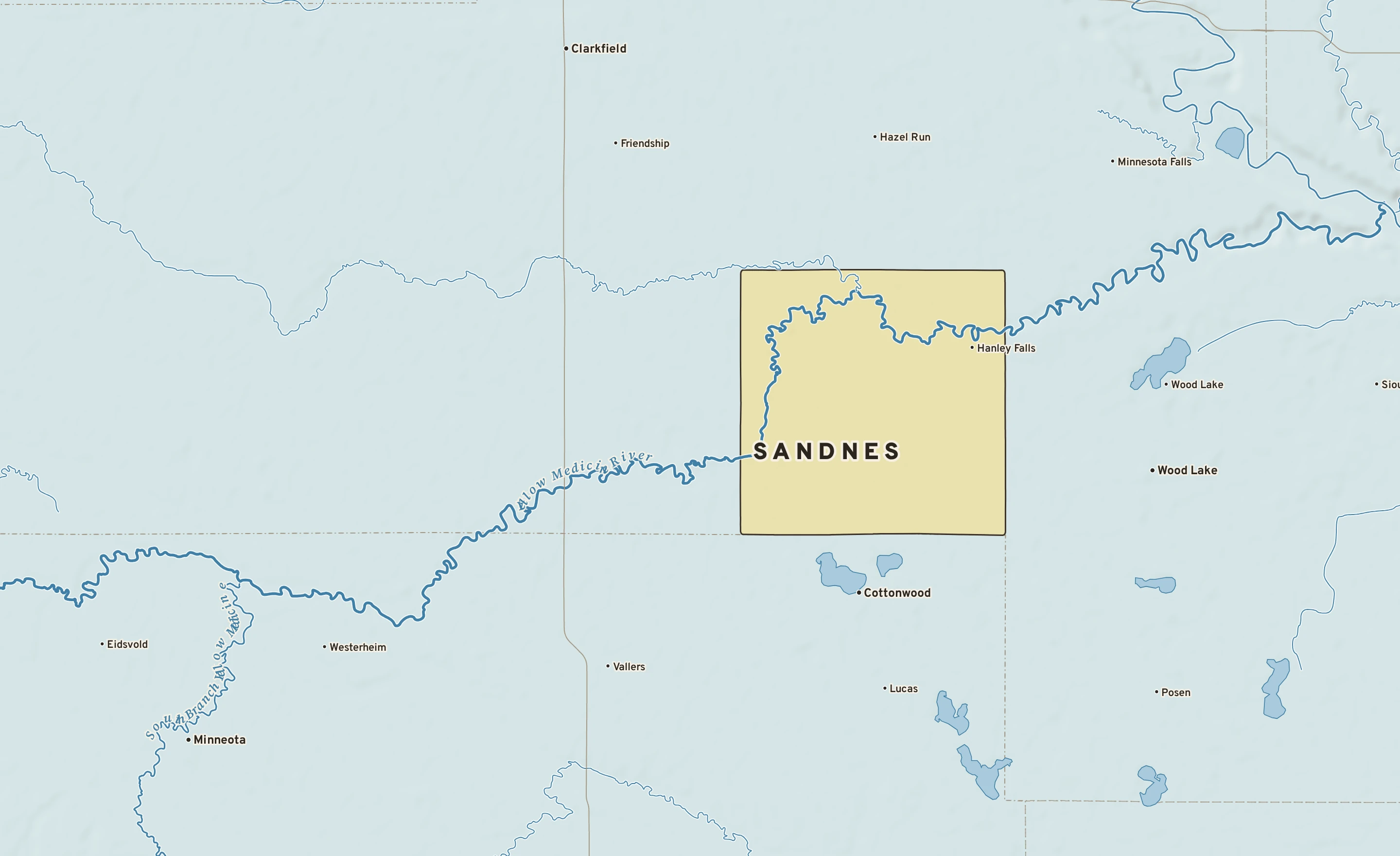 Shaded-relief atlas plate of Sandnes, Minnesota: rivers, roads, the city limits and where the water drains.
