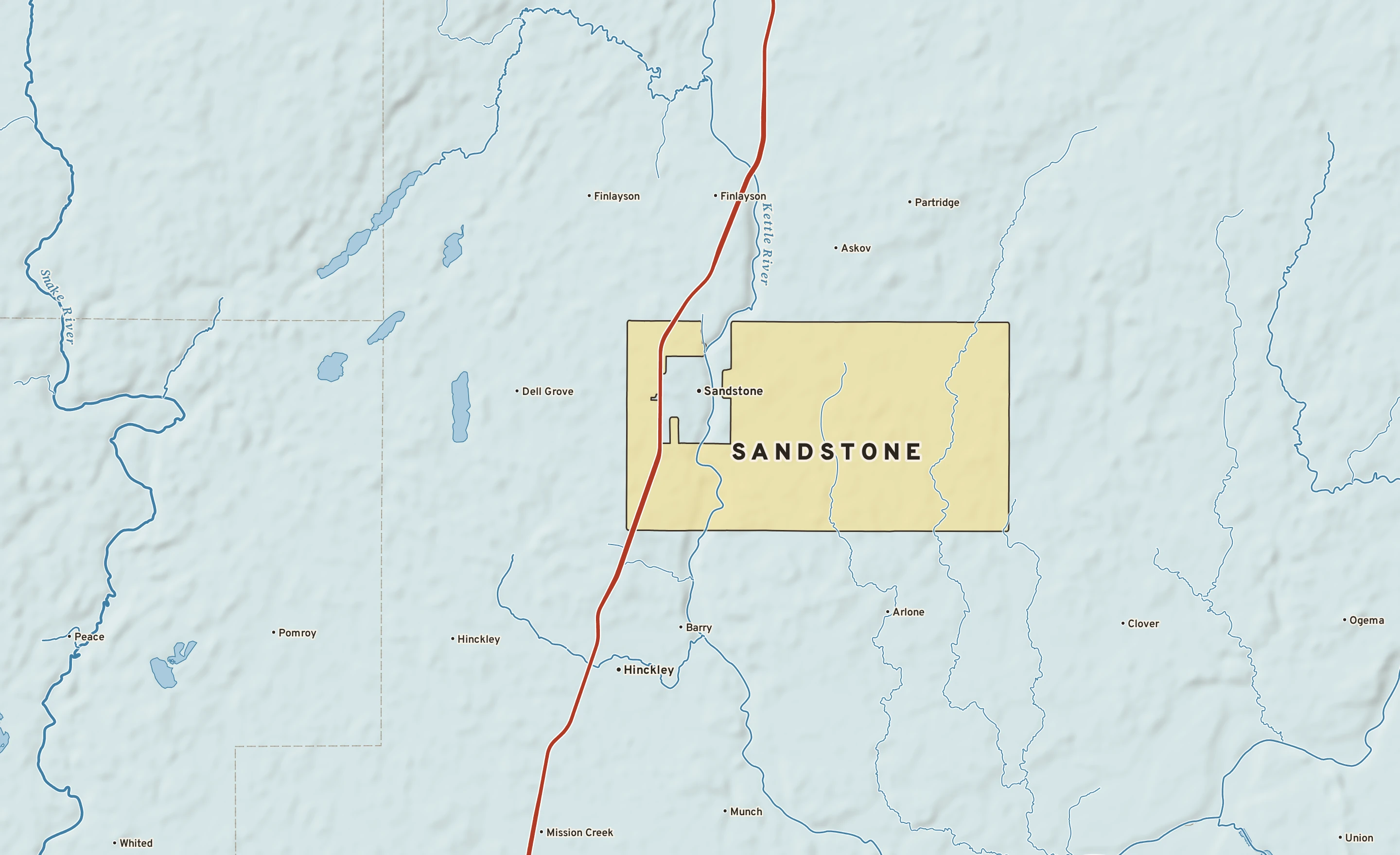 Shaded-relief atlas plate of Sandstone, Minnesota: rivers, roads, the city limits and where the water drains.