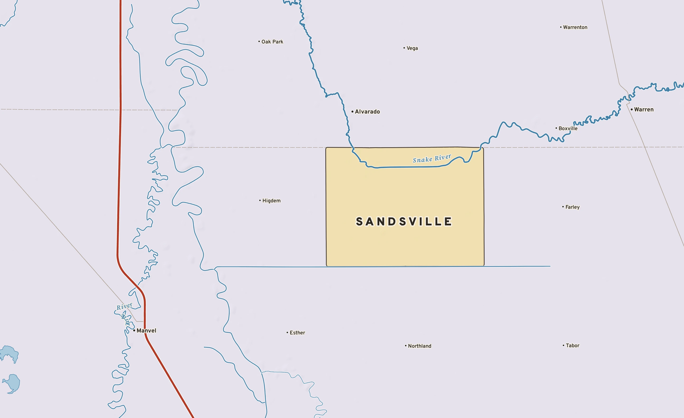 Shaded-relief atlas plate of Sandsville, Minnesota: rivers, roads, the city limits and where the water drains.