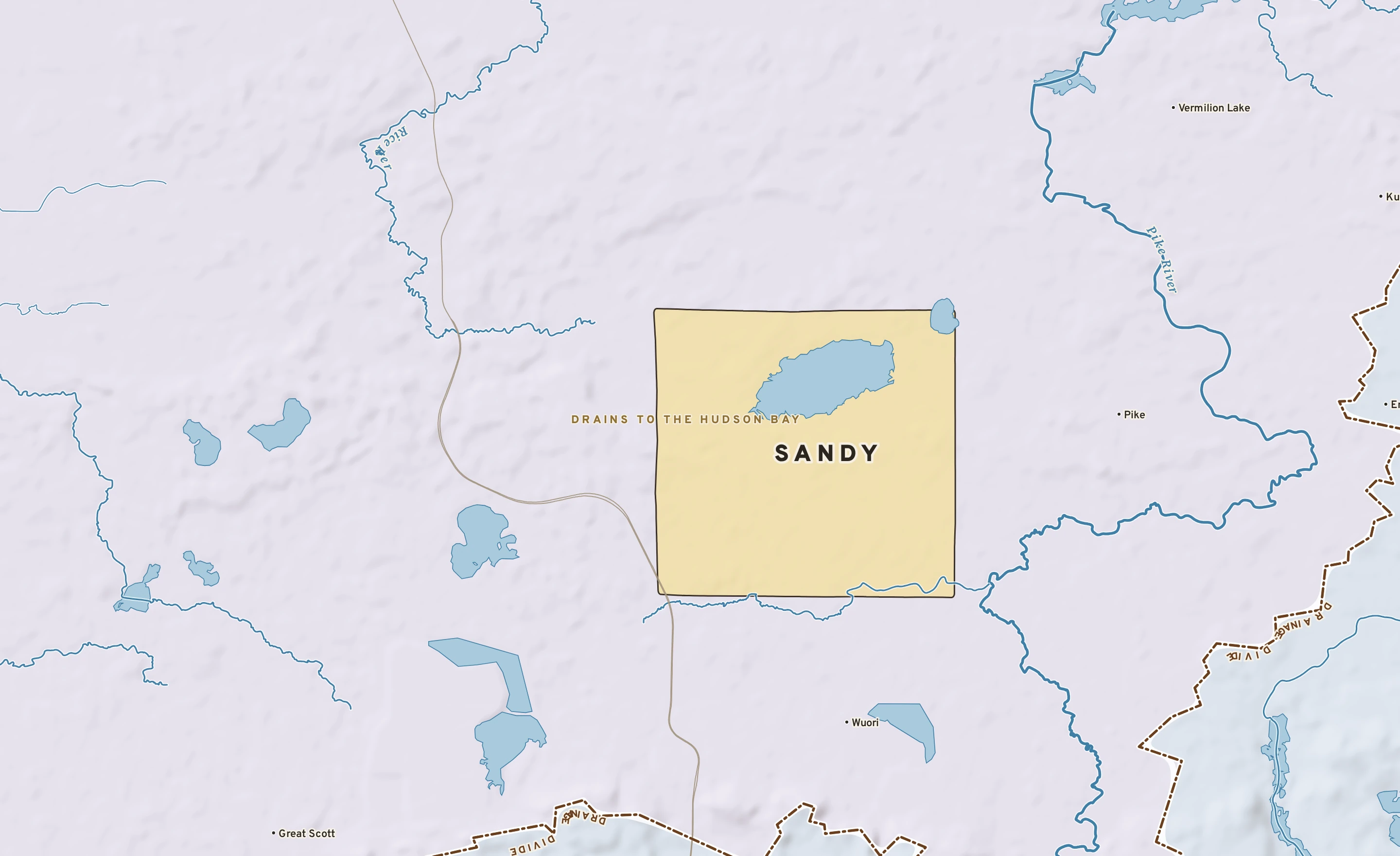 Shaded-relief atlas plate of Sandy, Minnesota: rivers, roads, the city limits and where the water drains.