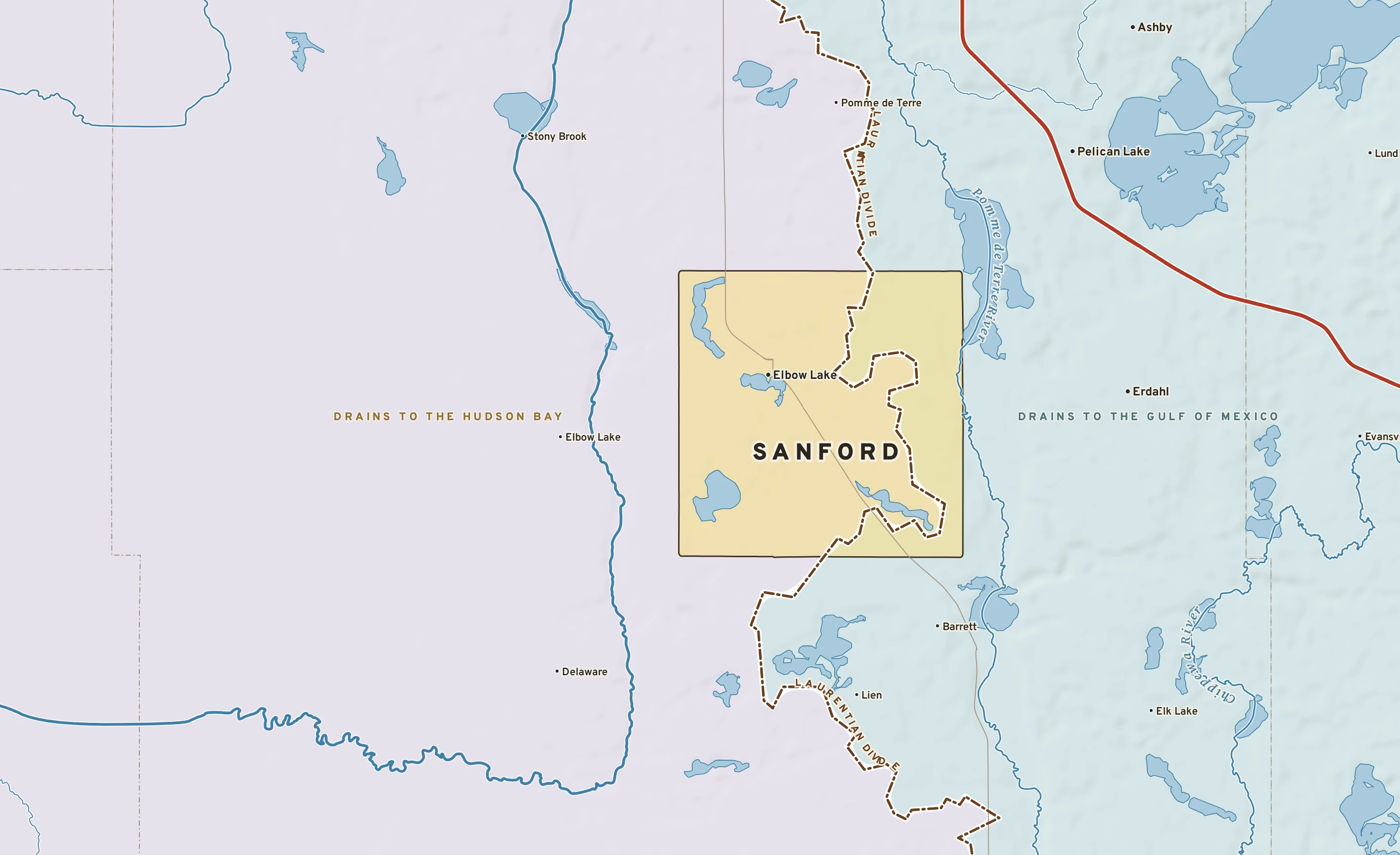 Shaded-relief atlas plate of Sanford, Minnesota: rivers, roads, the city limits and where the water drains.