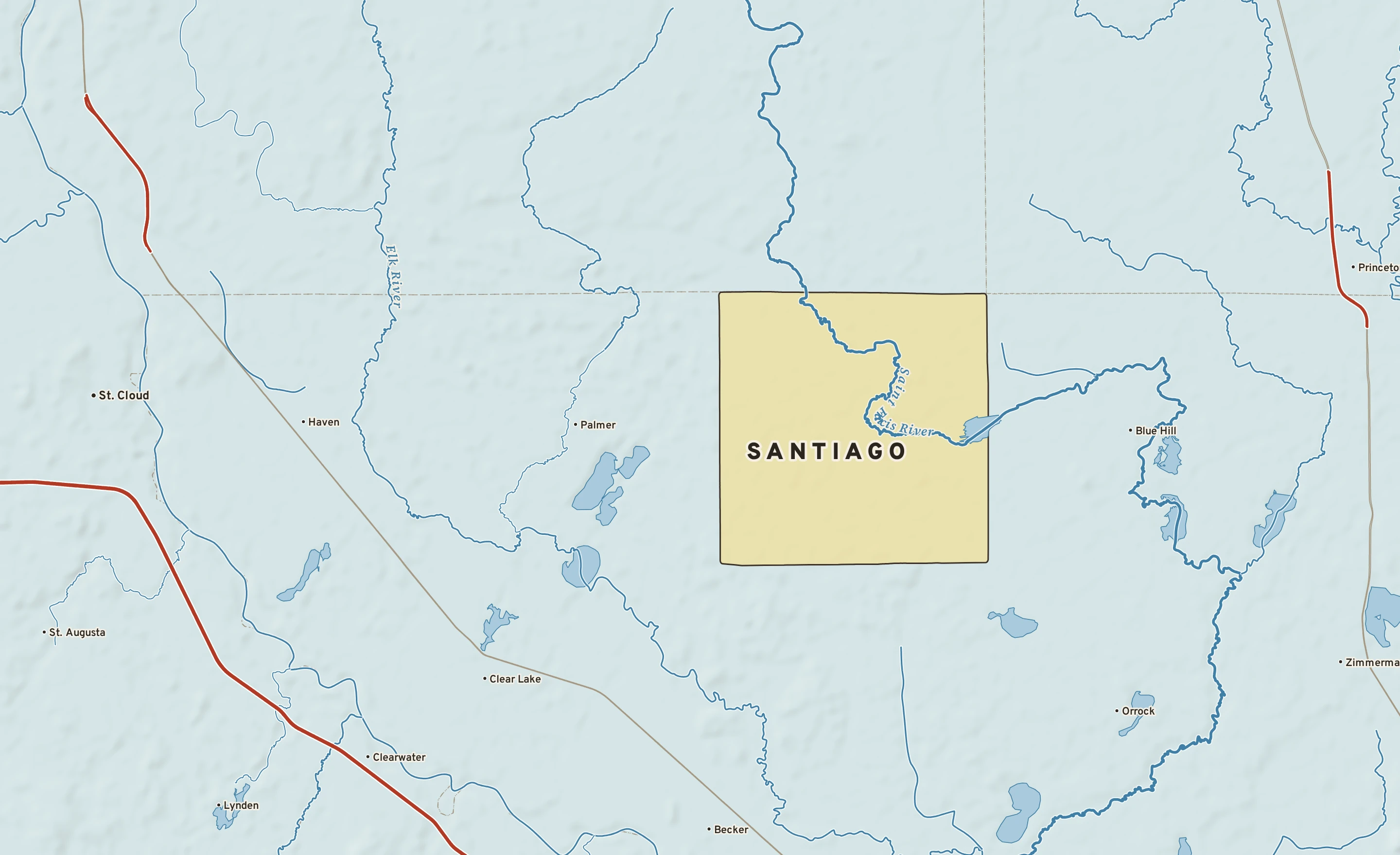 Shaded-relief atlas plate of Santiago, Minnesota: rivers, roads, the city limits and where the water drains.