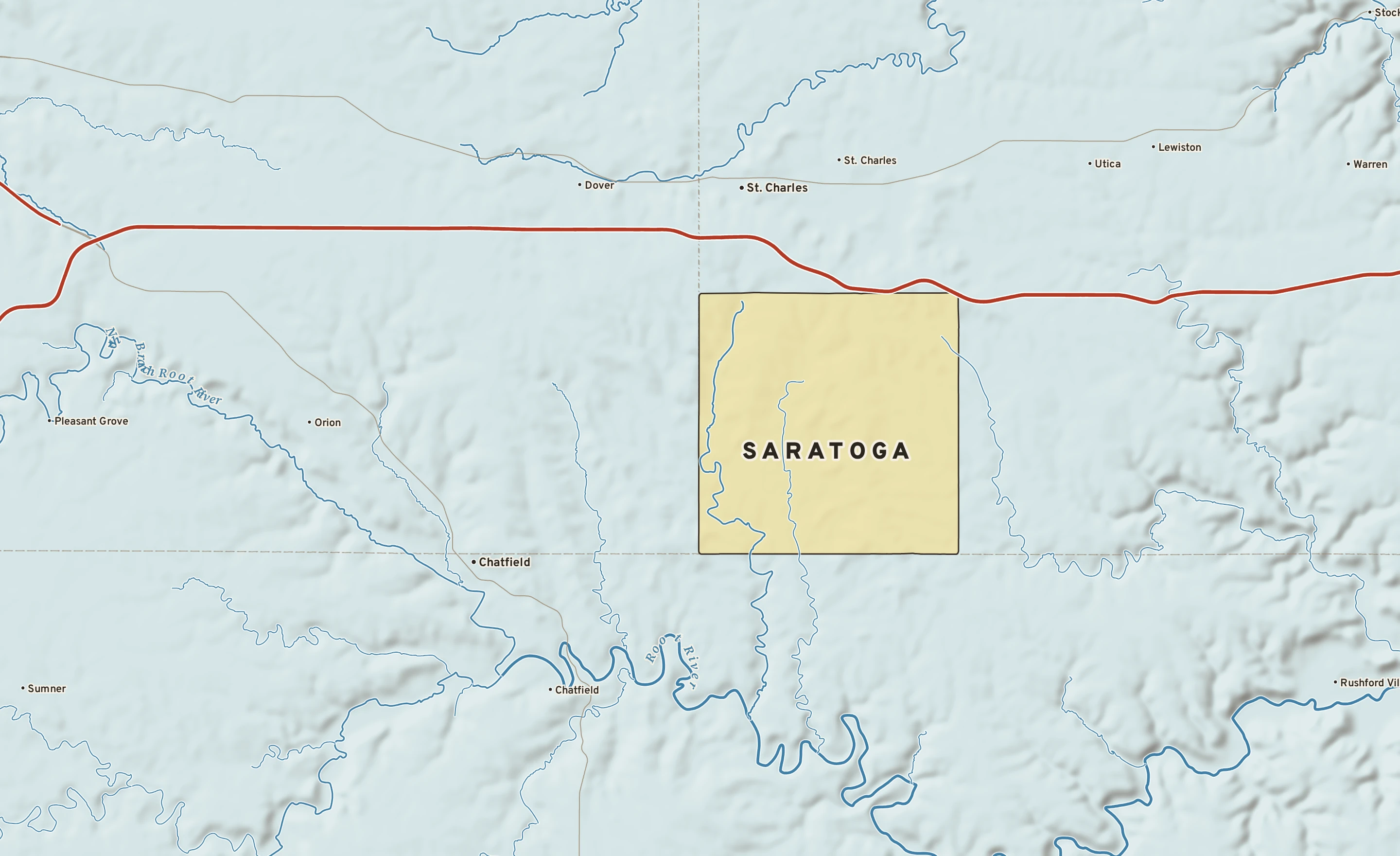 Shaded-relief atlas plate of Saratoga, Minnesota: rivers, roads, the city limits and where the water drains.