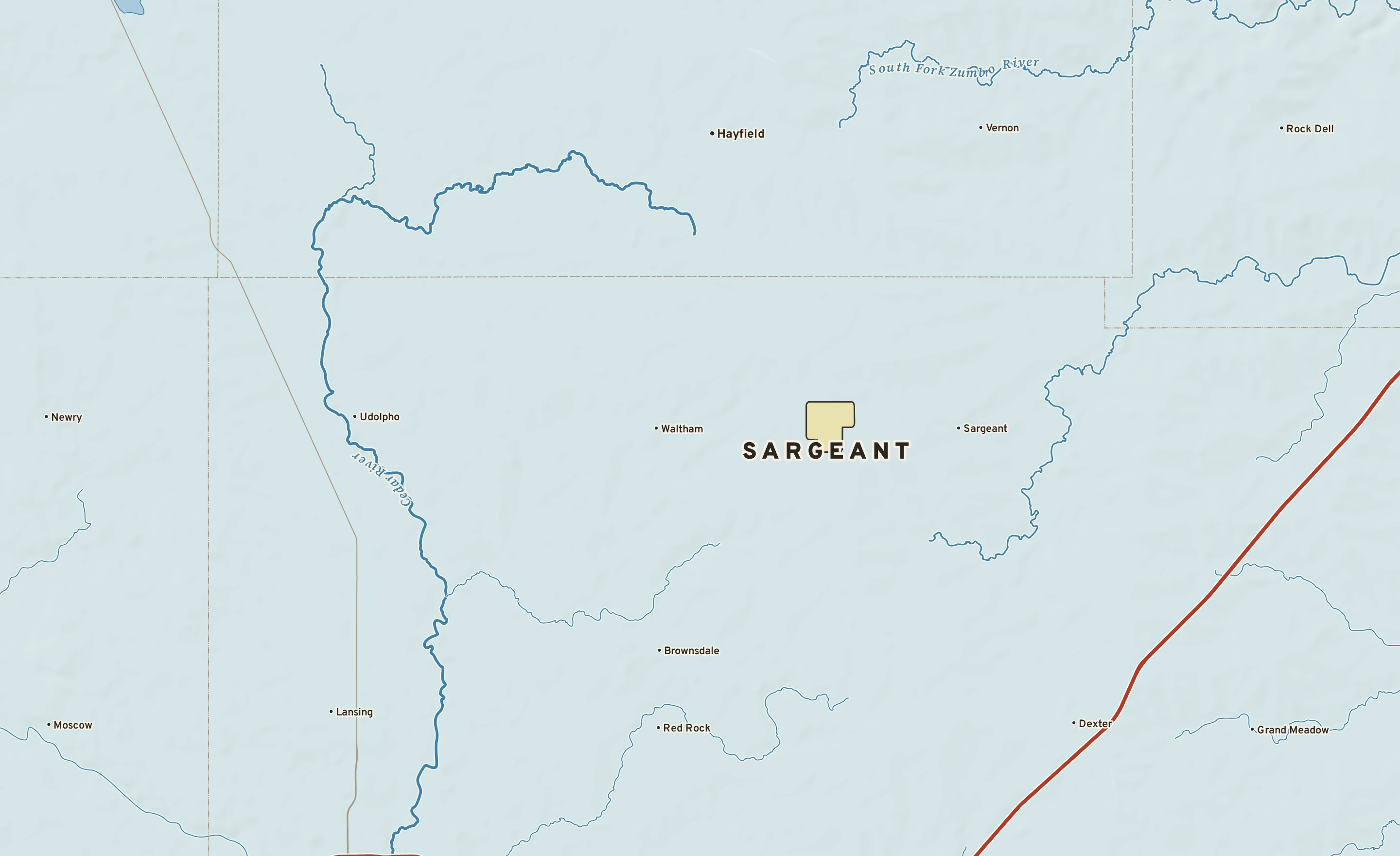 Shaded-relief atlas plate of Sargeant, Minnesota: rivers, roads, the city limits and where the water drains.