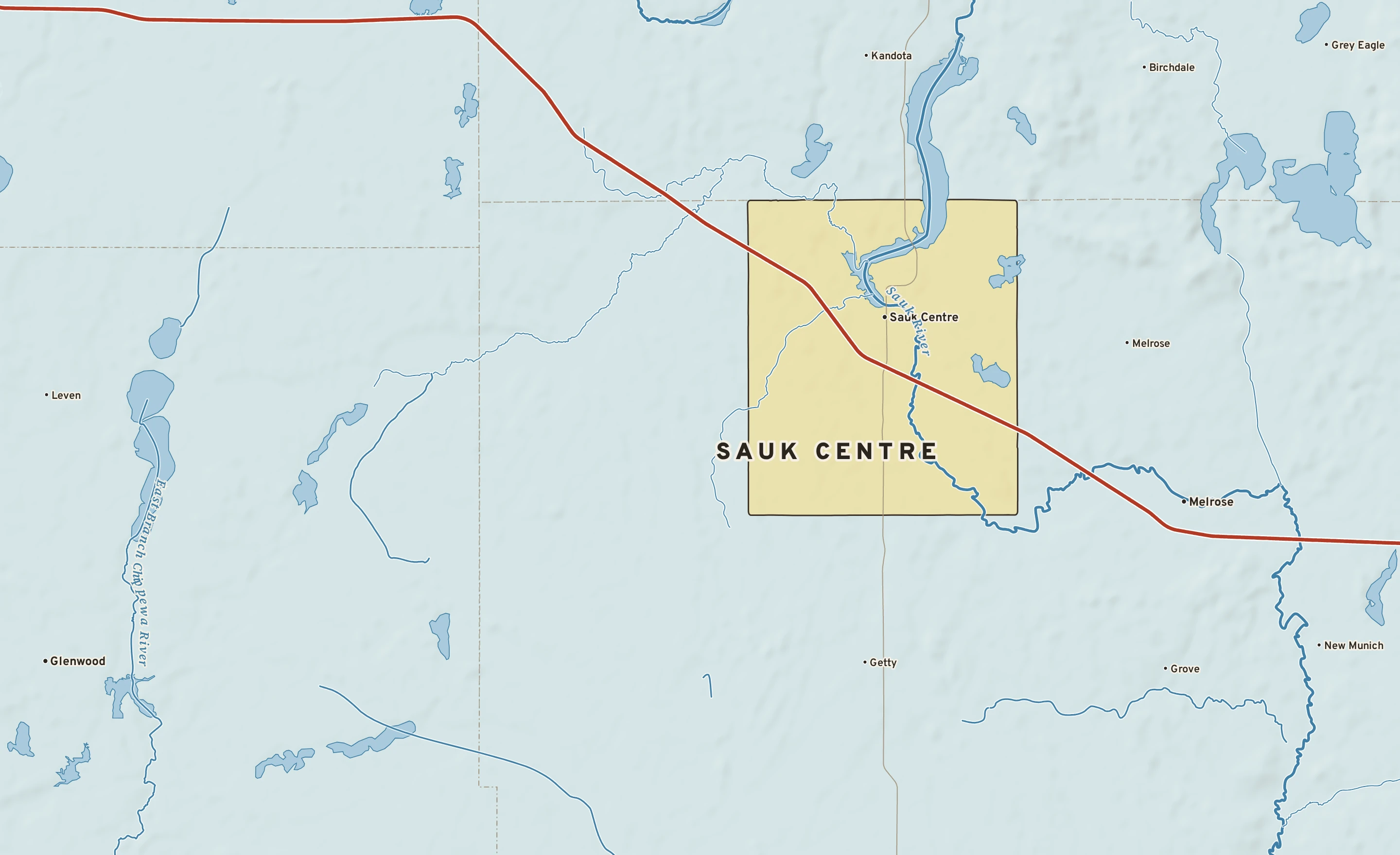 Shaded-relief atlas plate of Sauk Centre, Minnesota: rivers, roads, the city limits and where the water drains.