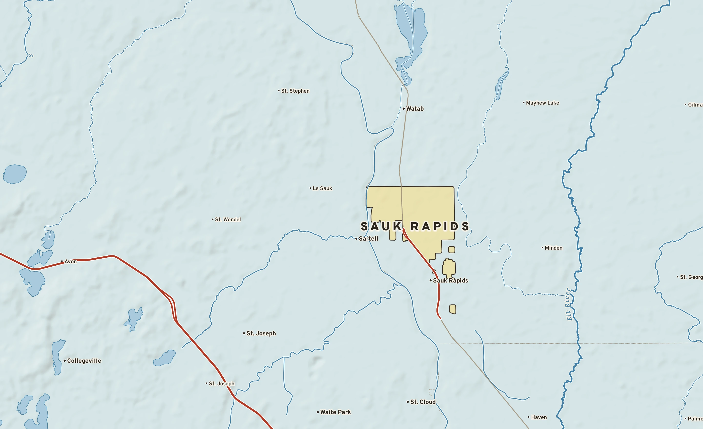 Shaded-relief atlas plate of Sauk Rapids, Minnesota: rivers, roads, the city limits and where the water drains.